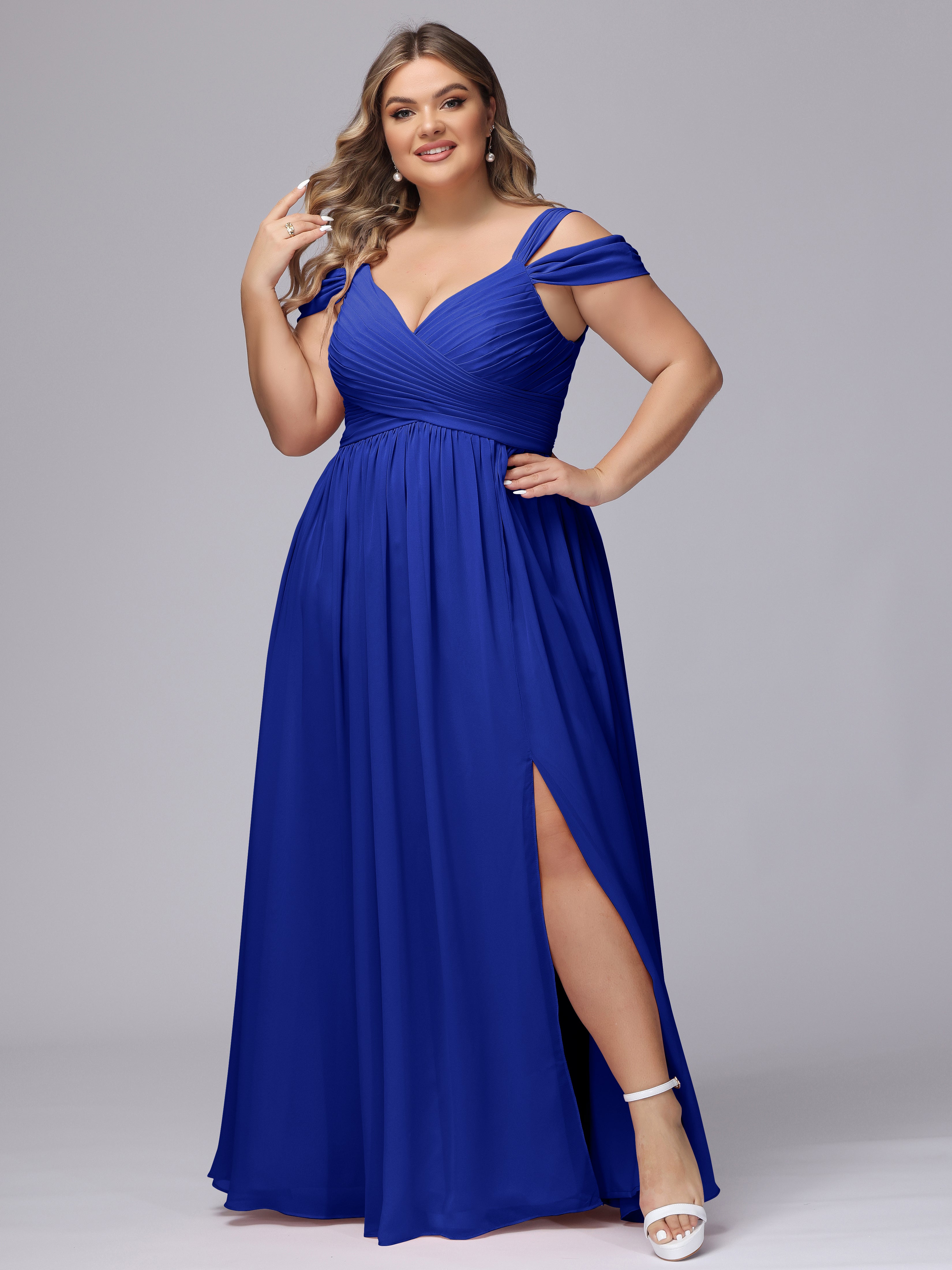 Robe Demoiselle D Honneur Bleu Royal Fendue Col V Dos En V Mousseline Robes Demoiselle D'Honneur Grande Taille