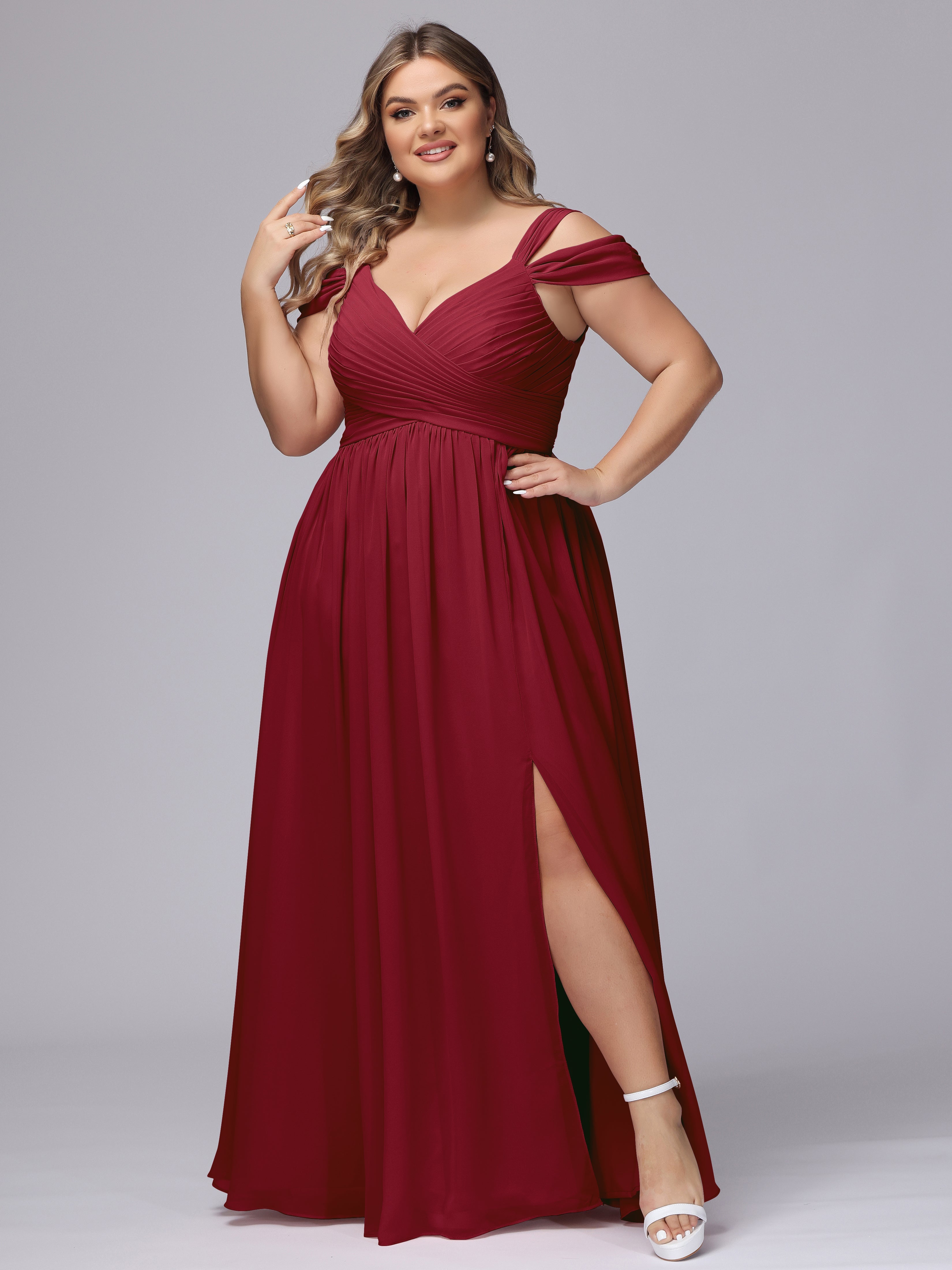 Robes De Demoiselle D'Honneur Bordeaux Fendue Col V Dos En V Mousseline Robes Demoiselle D'Honneur Grande Taille
