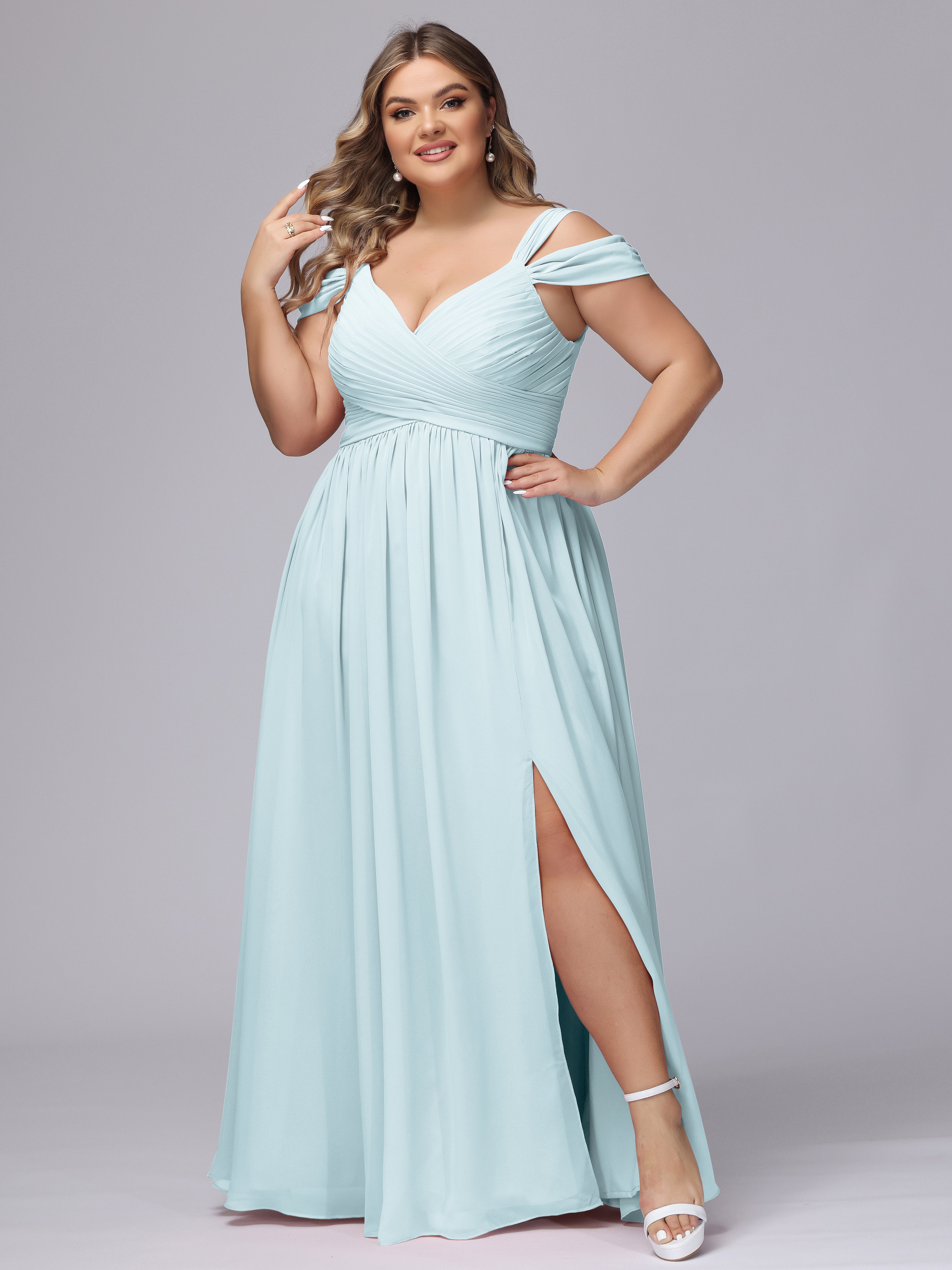 Robe De Demoiselle D'Honneur Brume Fendue Col V Dos En V Mousseline Robes Demoiselle D'Honneur Grande Taille