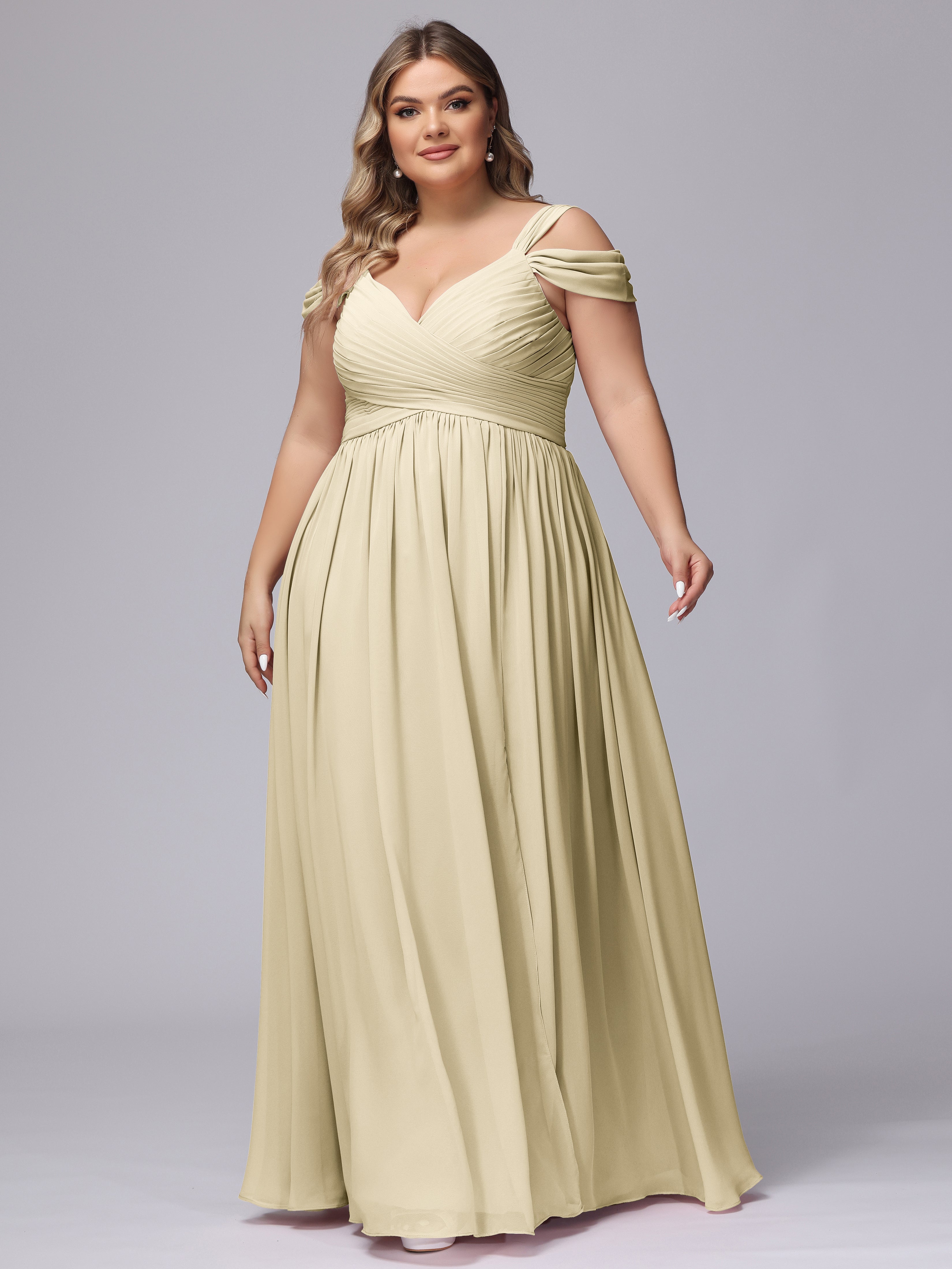 Robe Champagne Demoiselle D Honneur Fendue Col V Dos En V Mousseline Robes Demoiselle D'Honneur Grande Taille