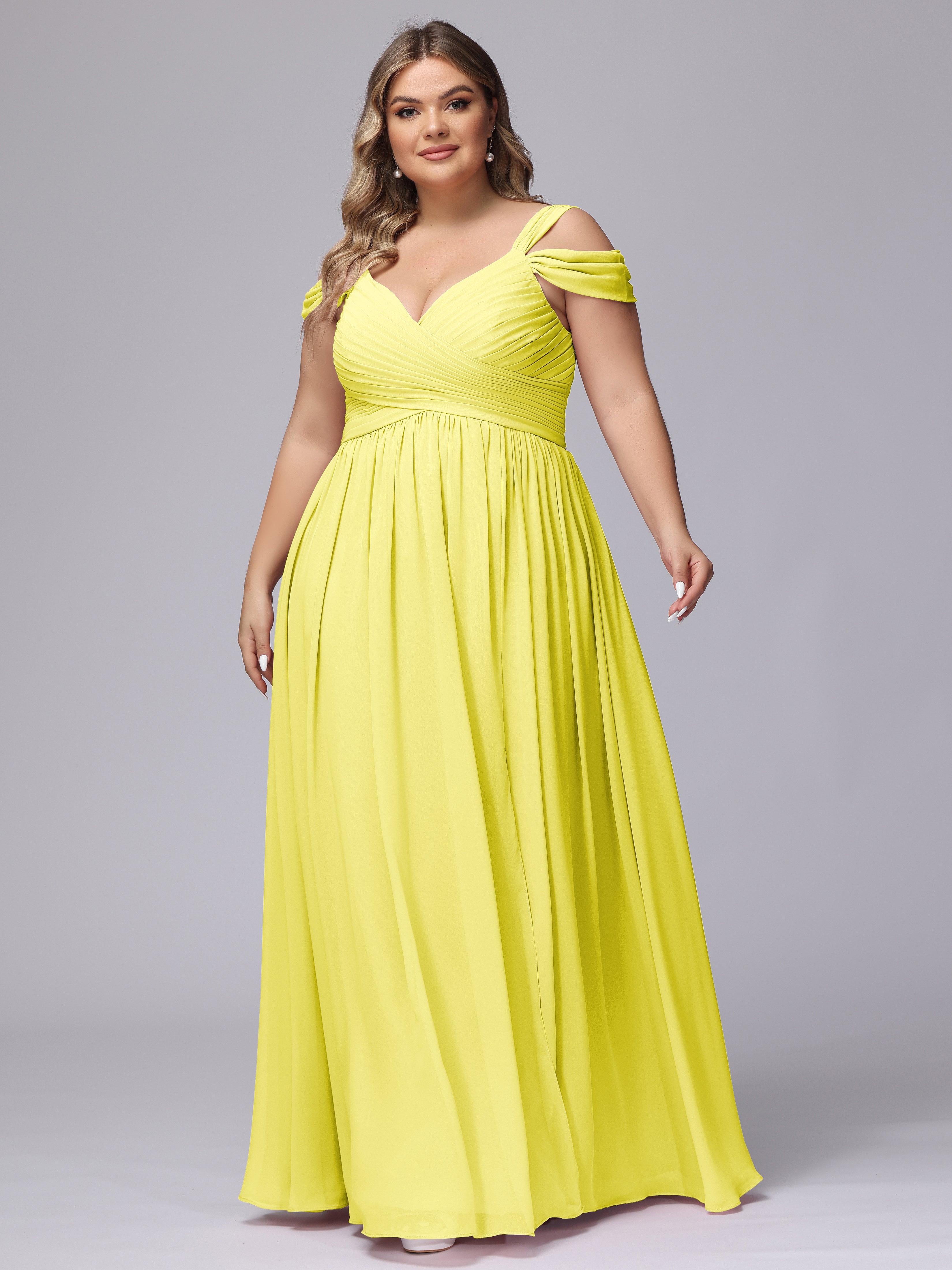 Robes De Demoiselle D'Honneur Citron Fendue Col V Dos En V Mousseline Robes Demoiselle D'Honneur Grande Taille