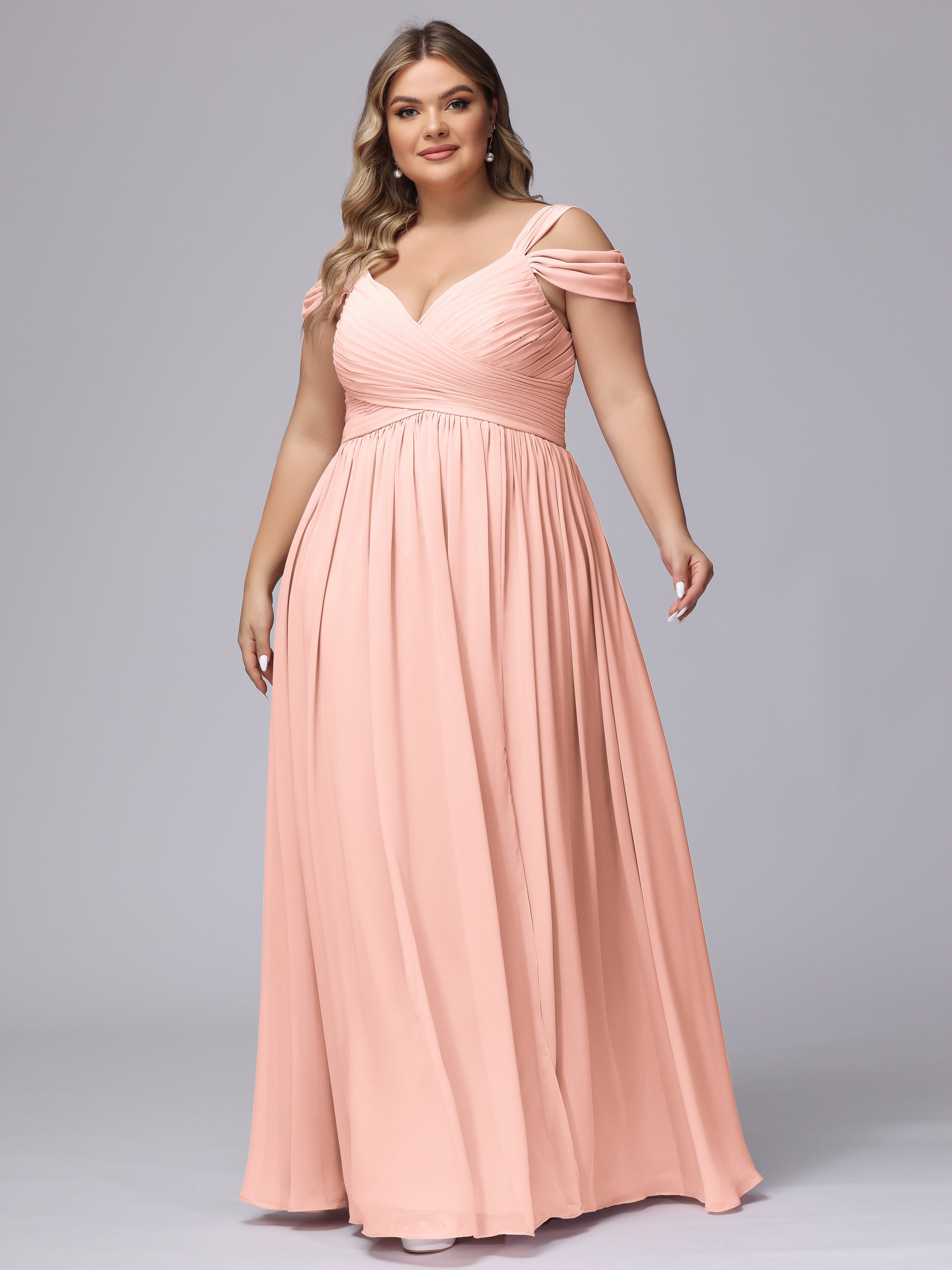 Robes De Demoiselle D'Honneur Couleur Corail Fendue Col V Dos En V Mousseline Robes Demoiselle D'Honneur Grande Taille