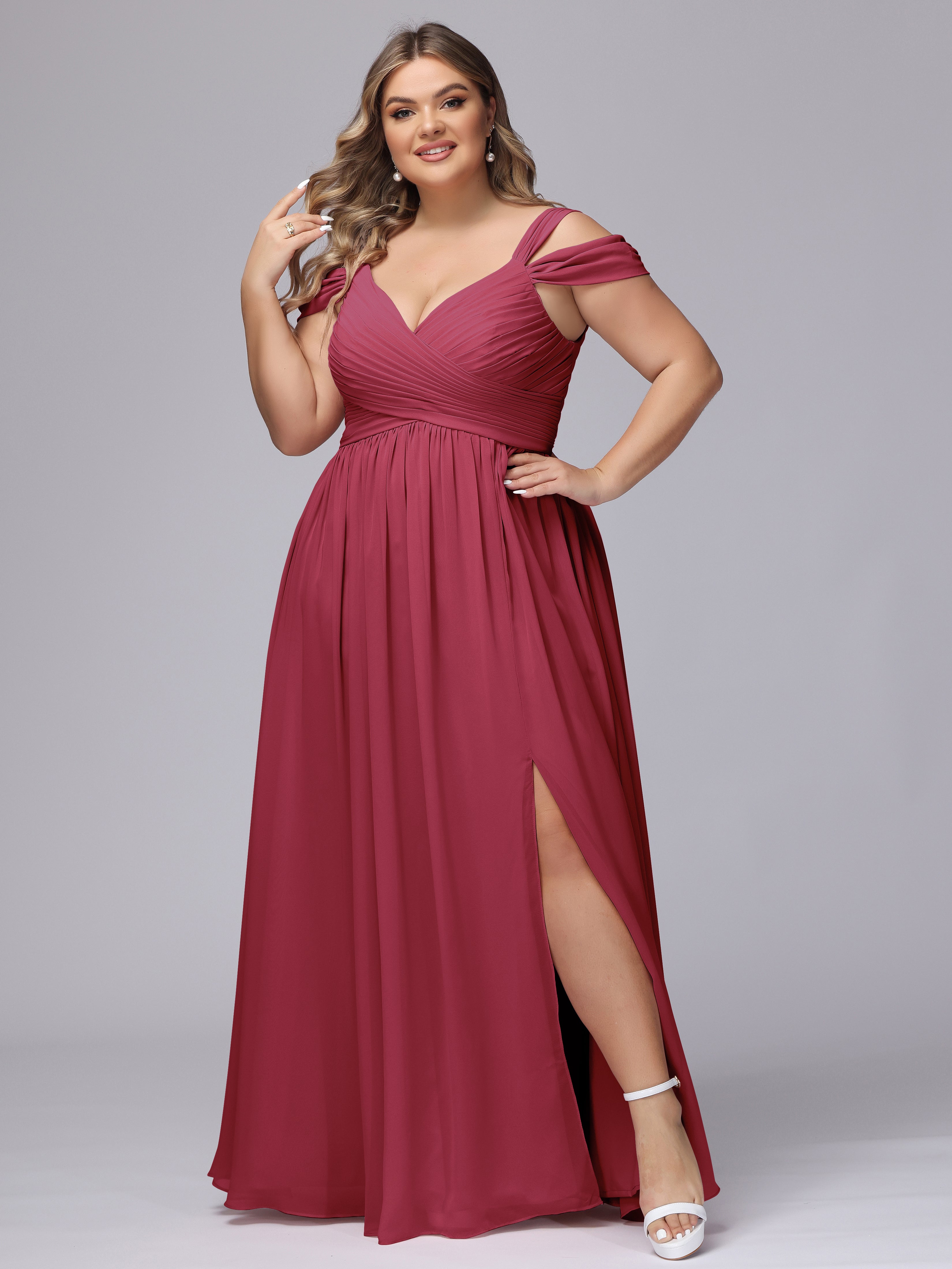 Robes De Demoiselle D'Honneur Rose Cannelle Fendue Col V Dos En V Mousseline Robes Demoiselle D'Honneur Grande Taille