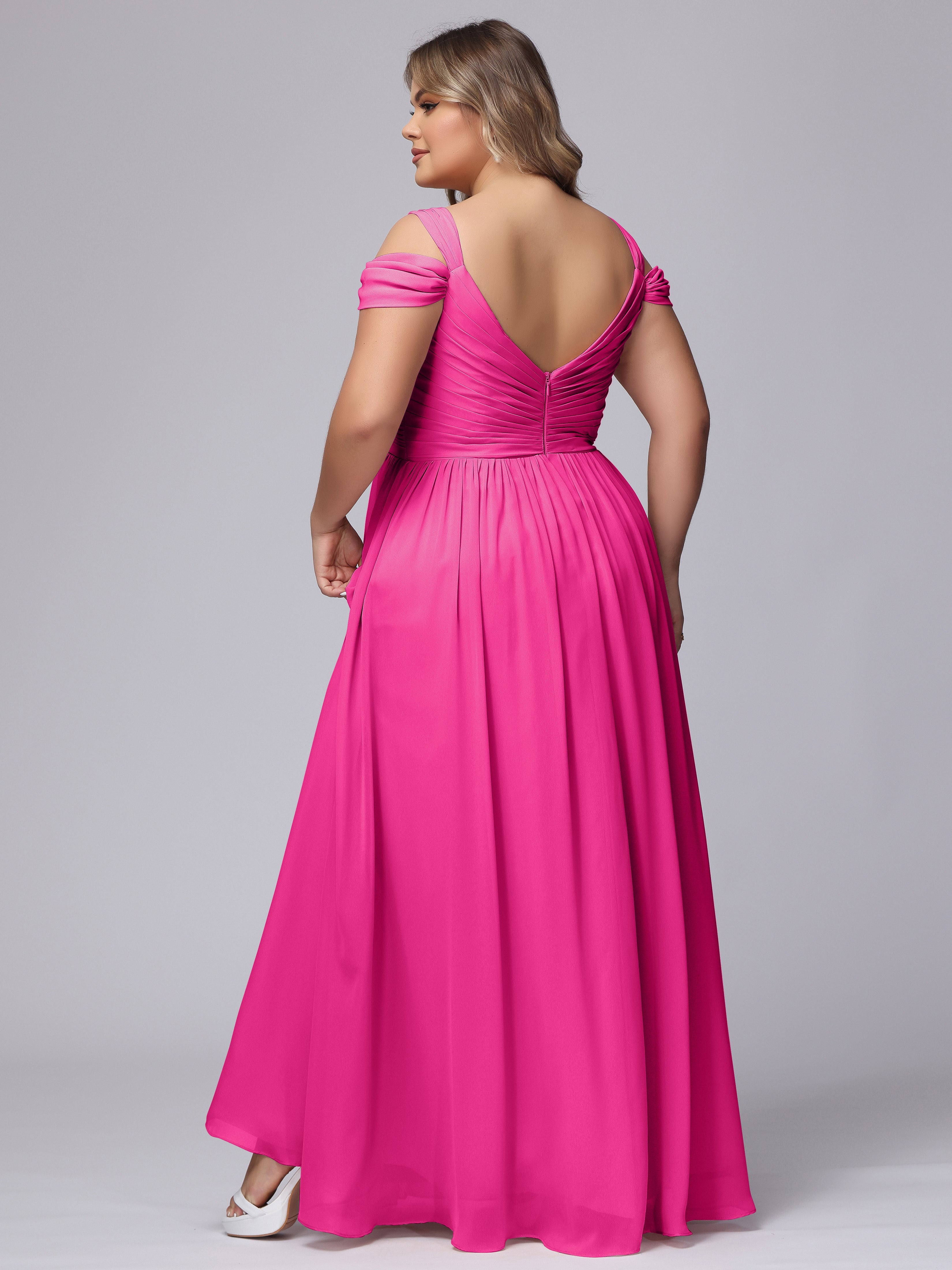 Robes De Demoiselle D'Honneur Couleur Fuchsia Rose Fendue Col V Dos En V Mousseline Robes Demoiselle D'Honneur Grande Taille