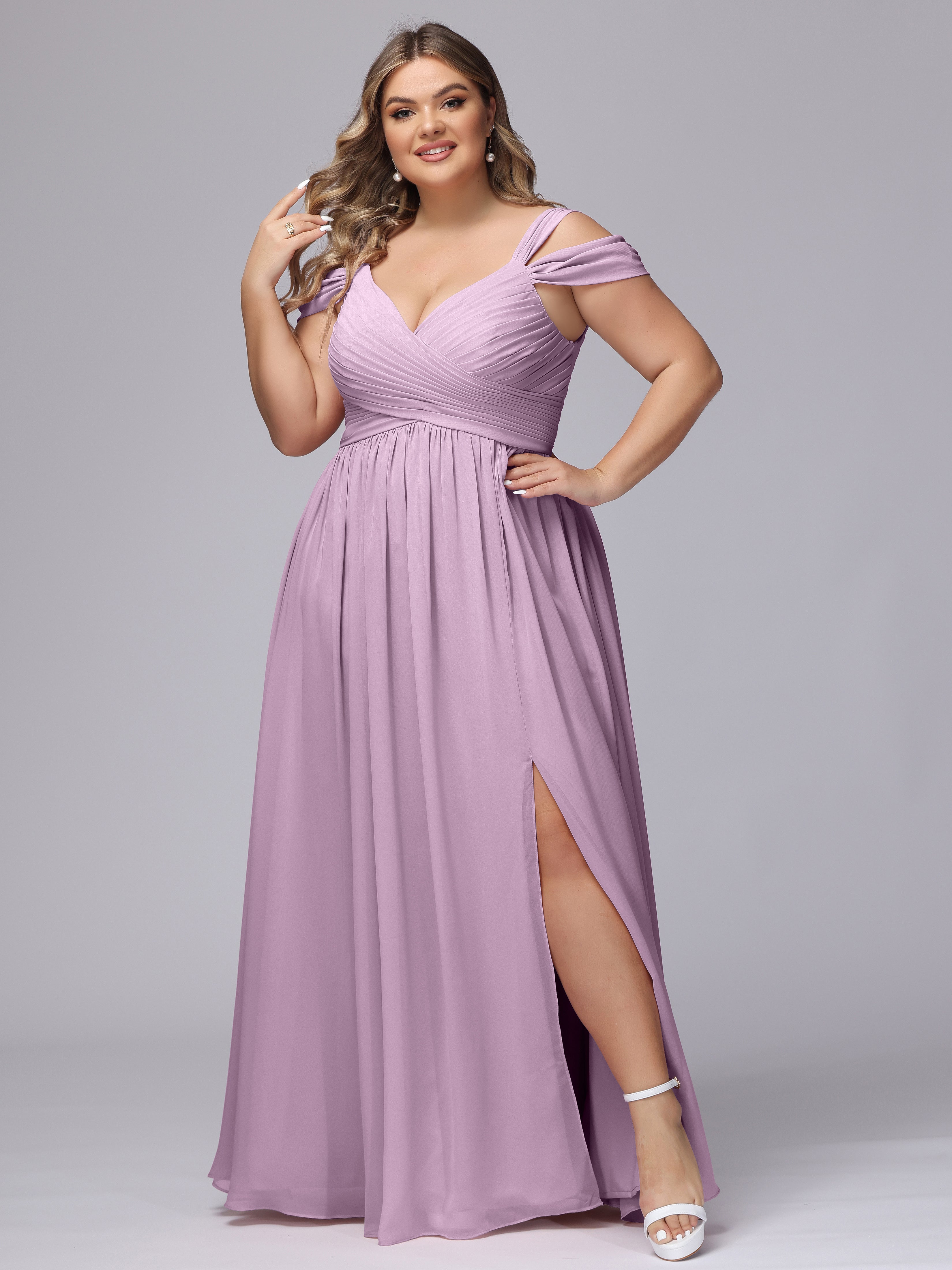 Robes De Demoiselle D'Honneur Glycine Fendue Col V Dos En V Mousseline Robes Demoiselle D'Honneur Grande Taille