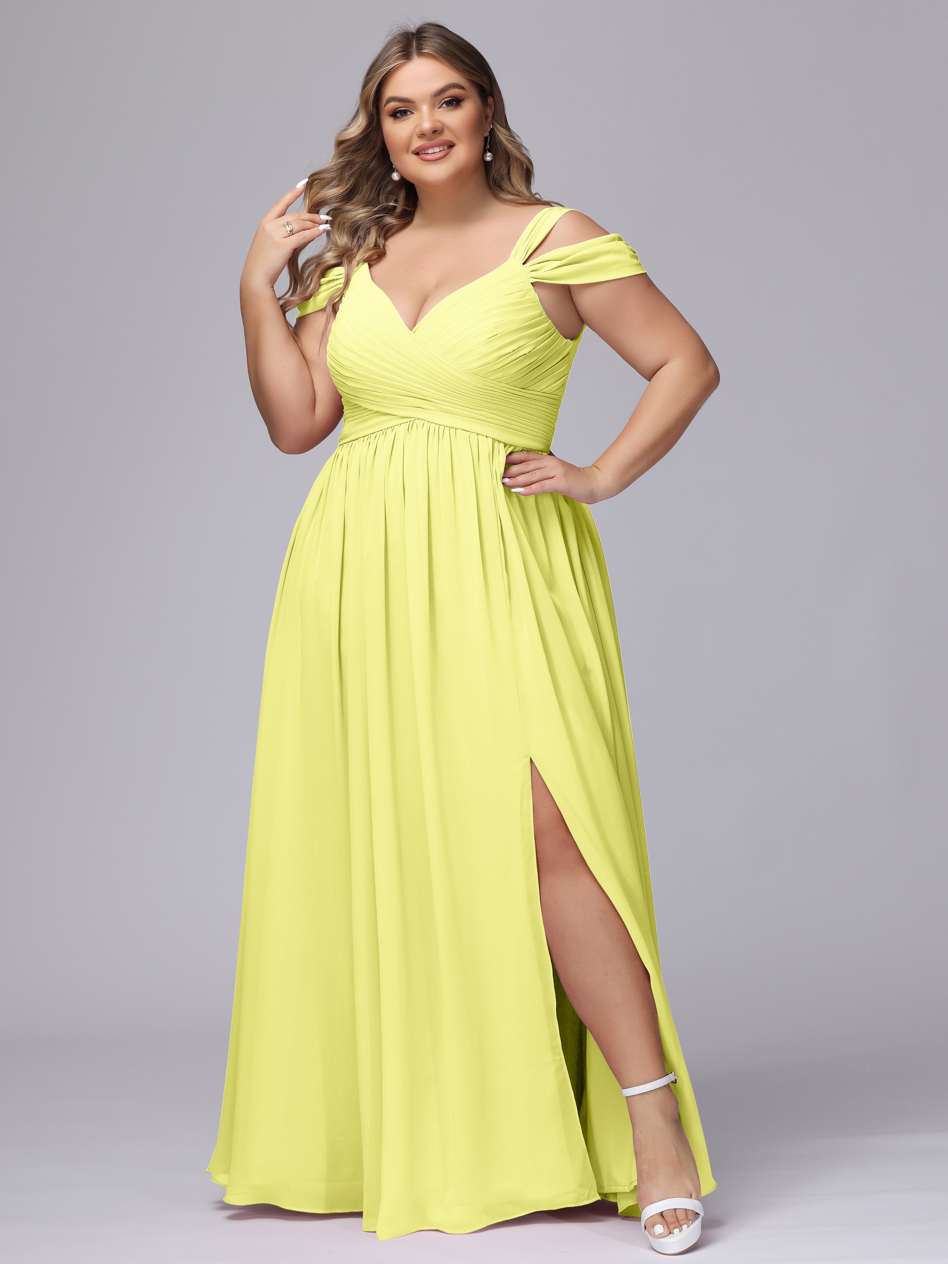 Robes De Demoiselle D'Honneur Jonquille Fendue Col V Dos En V Mousseline Robes Demoiselle D'Honneur Grande Taille