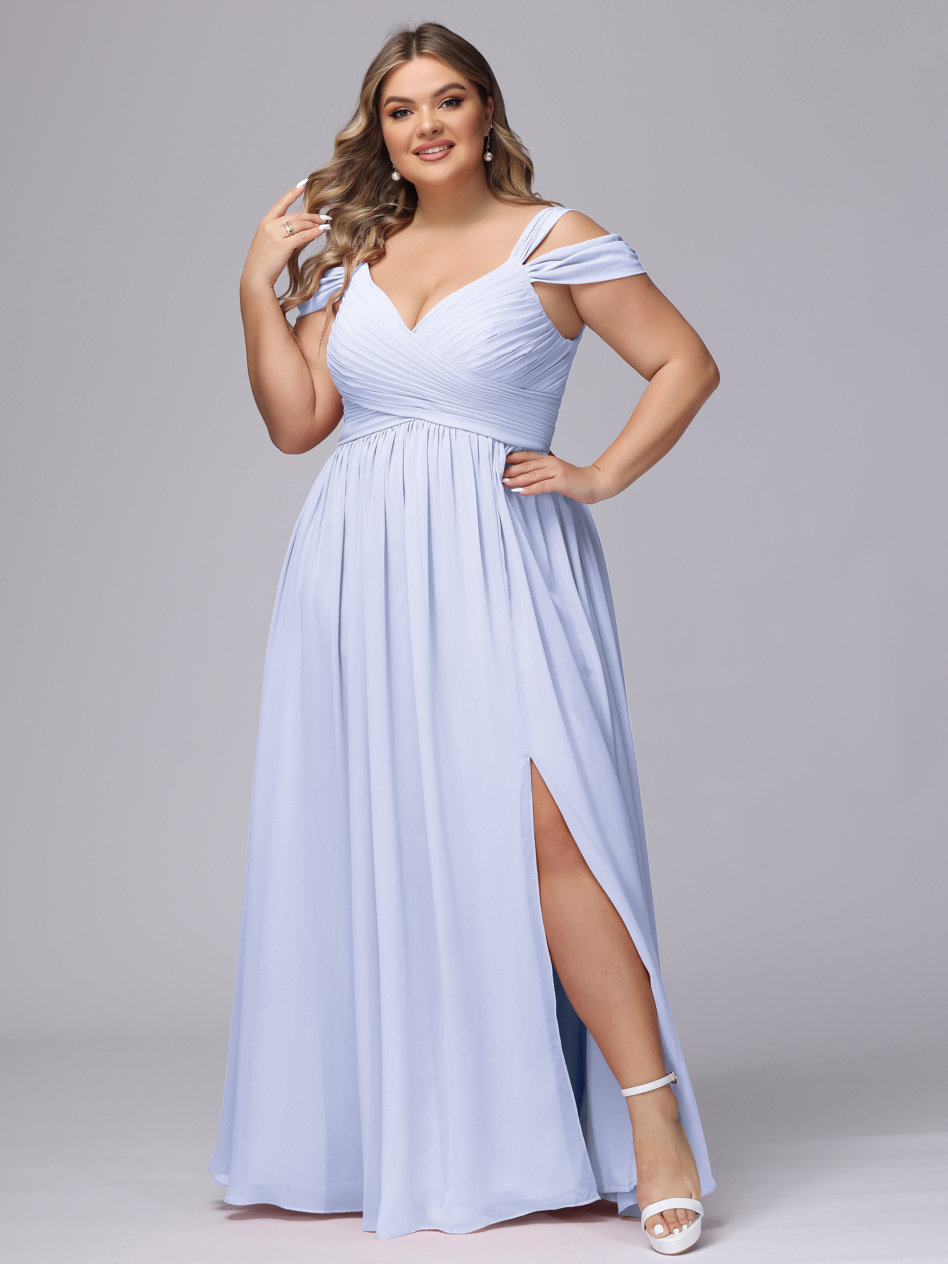 Robe De Demoiselle D'Honneur Lavande Fendue Col V Dos En V Mousseline Robes Demoiselle D'Honneur Grande Taille