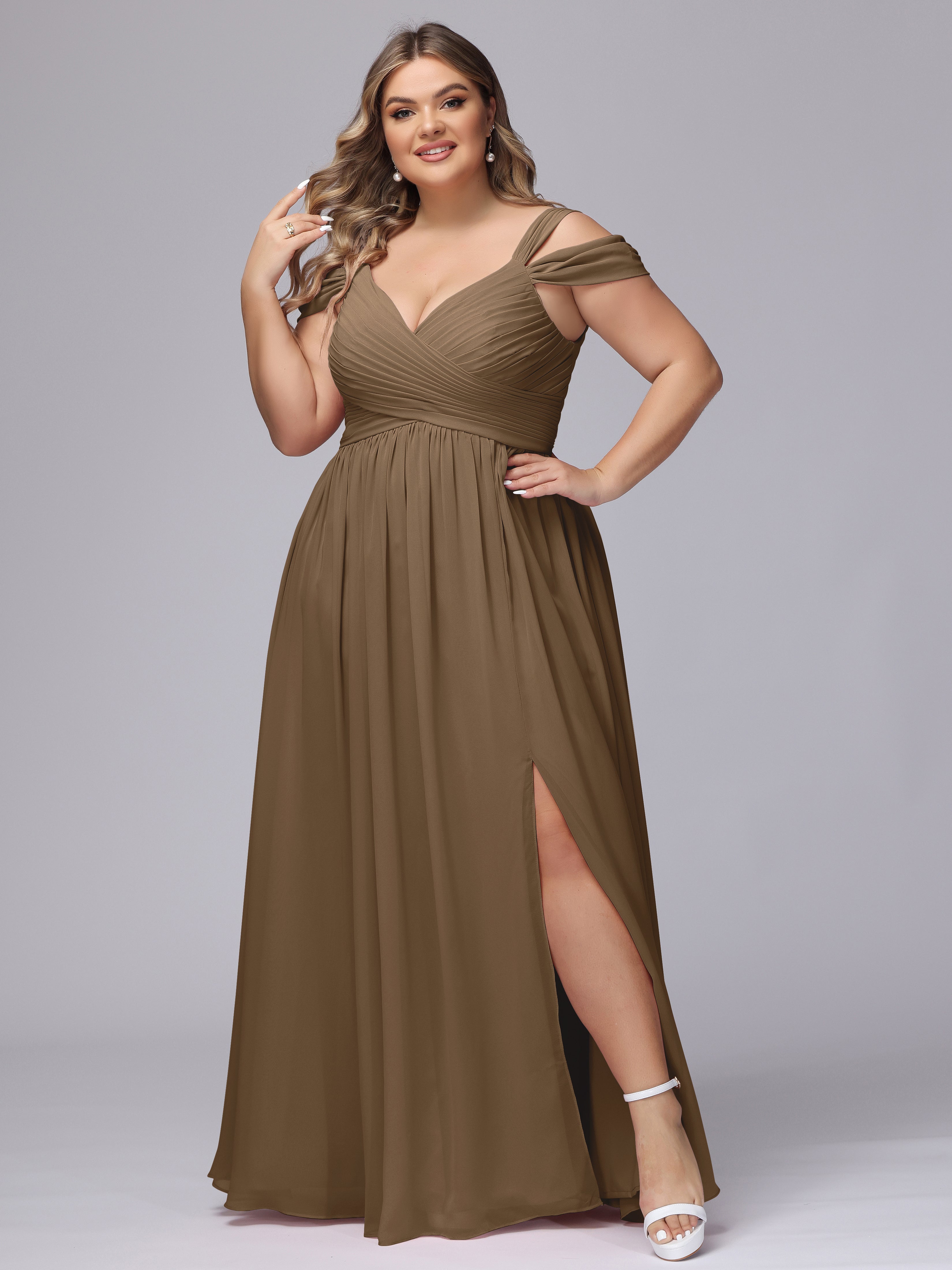 Robe De Demoiselle D'Honneur Moka Fendue Col V Dos En V Mousseline Robes Demoiselle D'Honneur Grande Taille