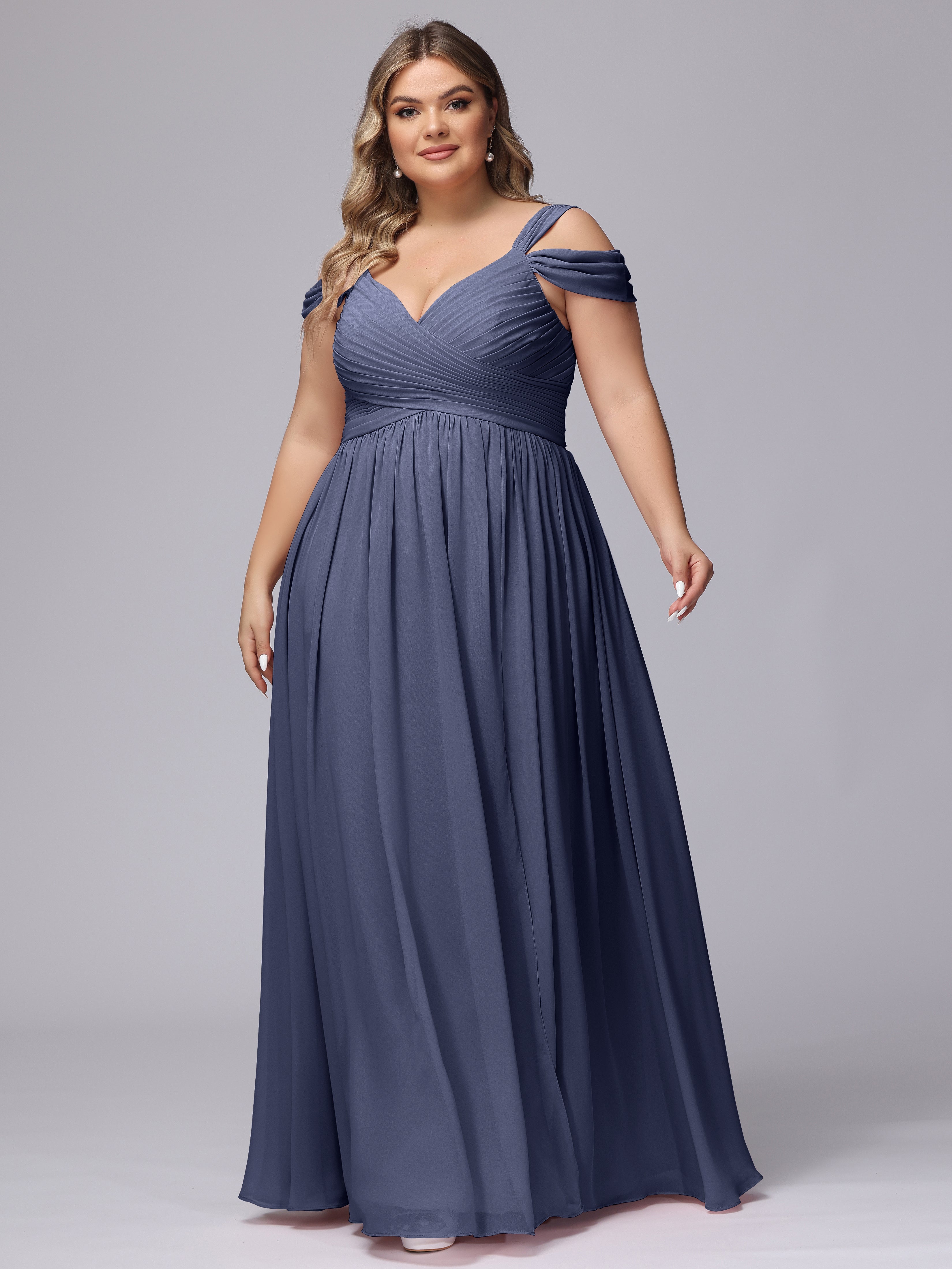 Robes De Demoiselle D'Honneur Bleu Orageux Fendue Col V Dos En V Mousseline Robes Demoiselle D'Honneur Grande Taille