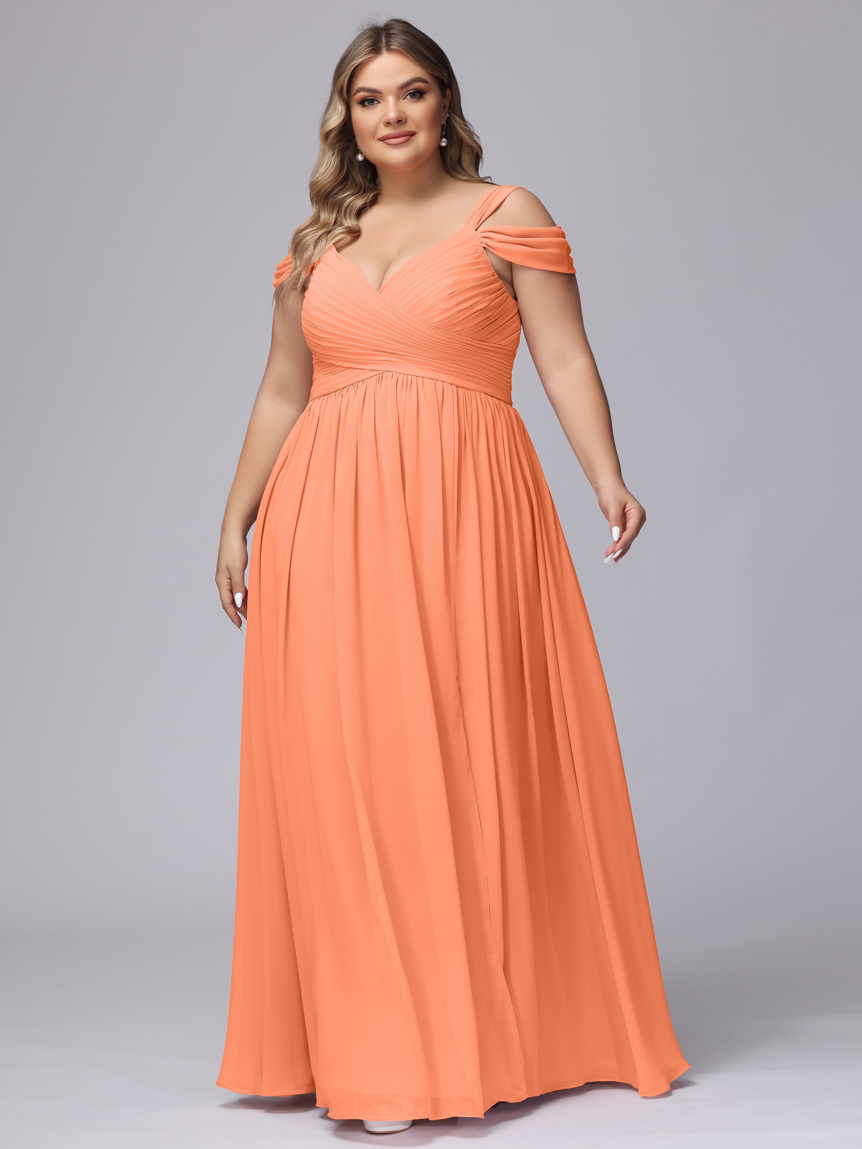 Robes De Demoiselle D'Honneur Papaye Fendue Col V Dos En V Mousseline Robes Demoiselle D'Honneur Grande Taille