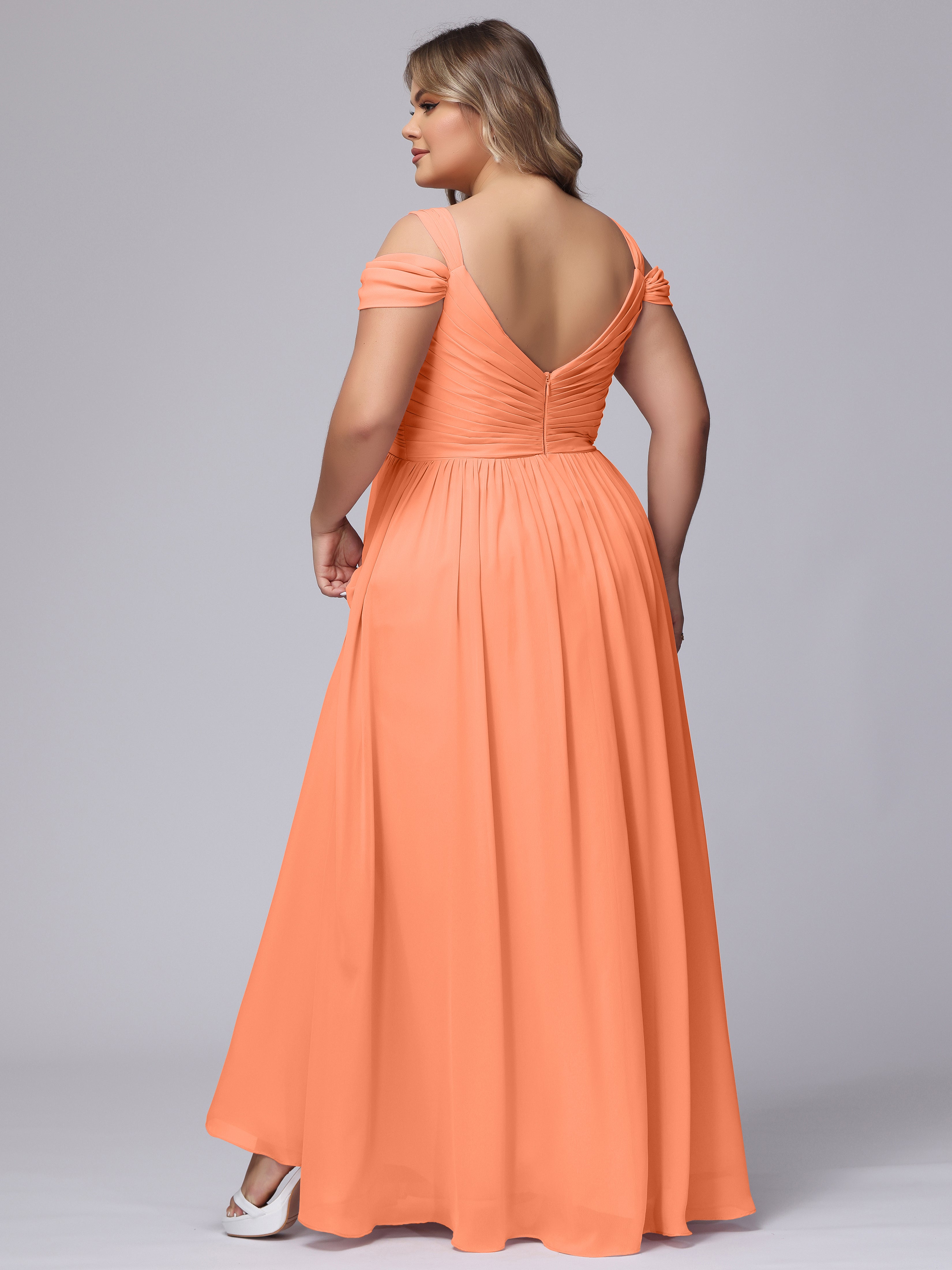 Robes De Demoiselle D'Honneur Papaye Fendue Col V Dos En V Mousseline Robes Demoiselle D'Honneur Grande Taille
