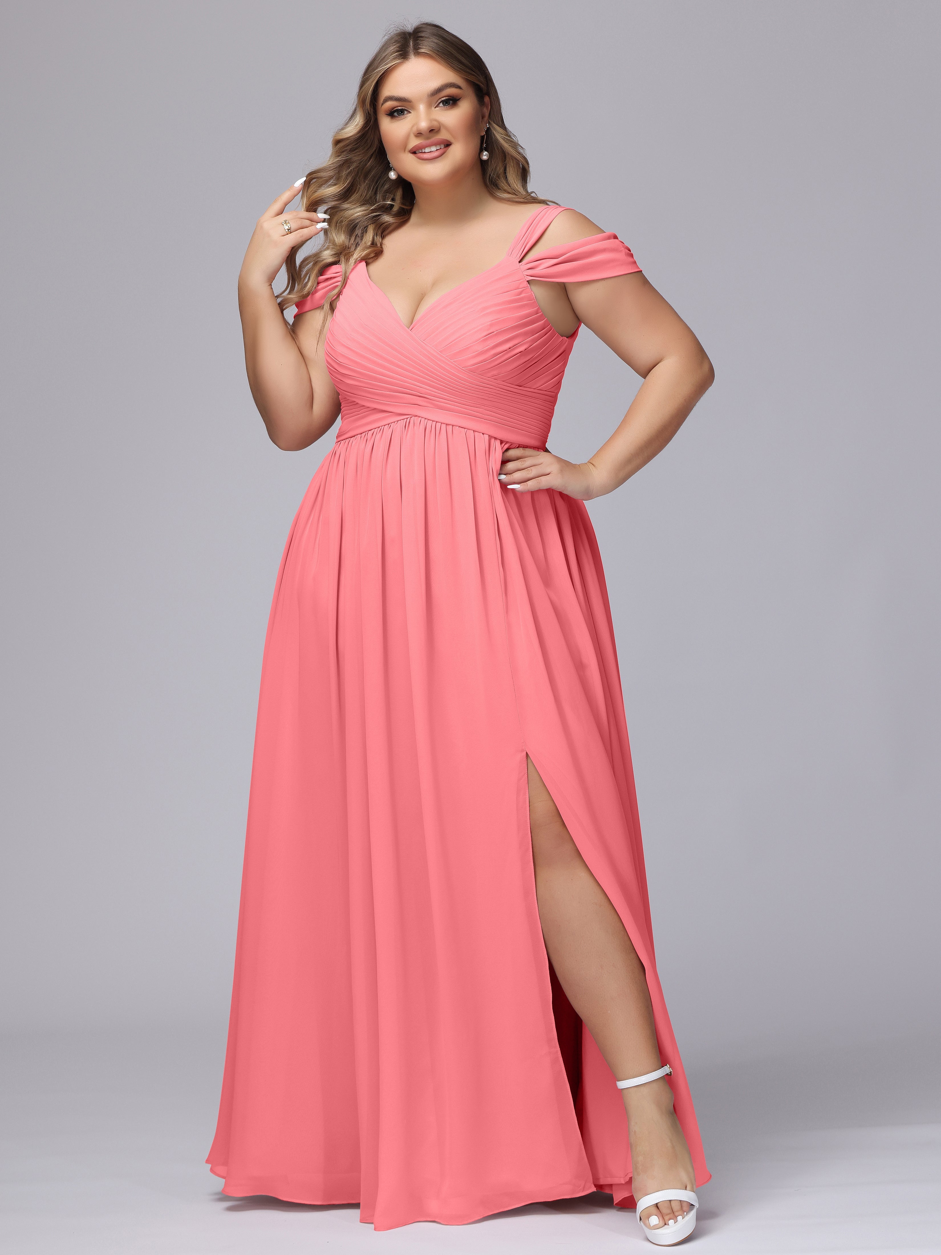 Robes De Demoiselle D'Honneur Pastèque Fendue Col V Dos En V Mousseline Robes Demoiselle D'Honneur Grande Taille