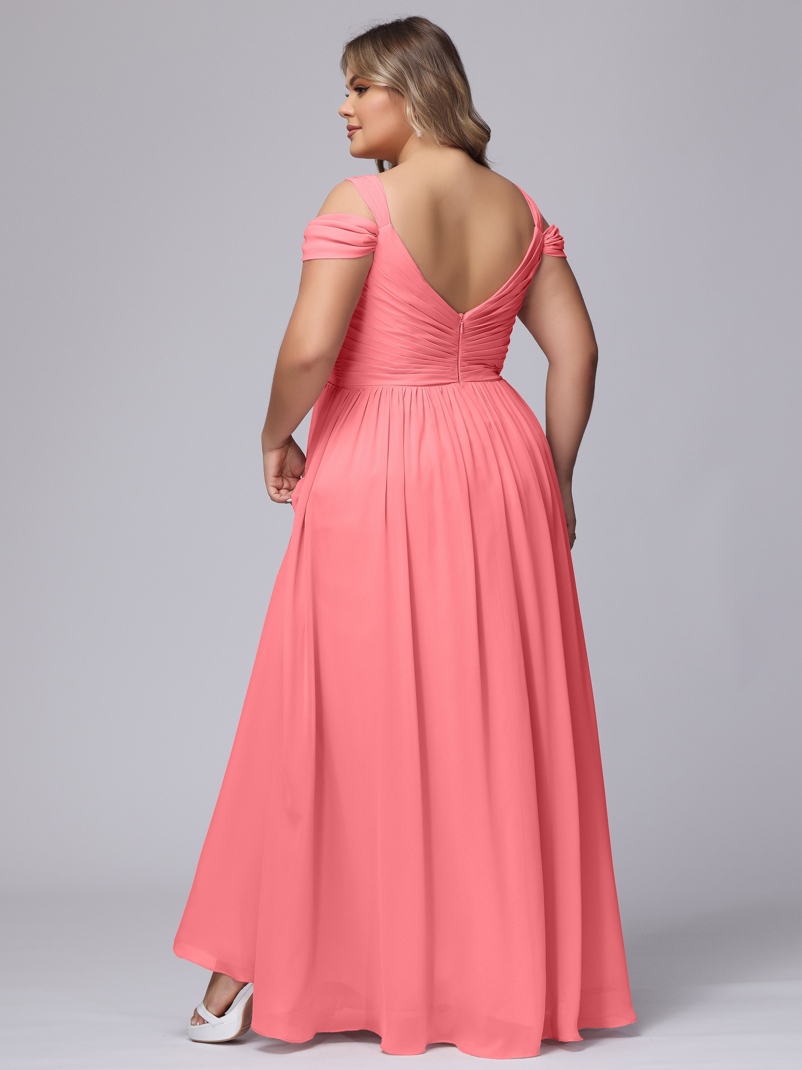 Robes De Demoiselle D'Honneur Pastèque Fendue Col V Dos En V Mousseline Robes Demoiselle D'Honneur Grande Taille