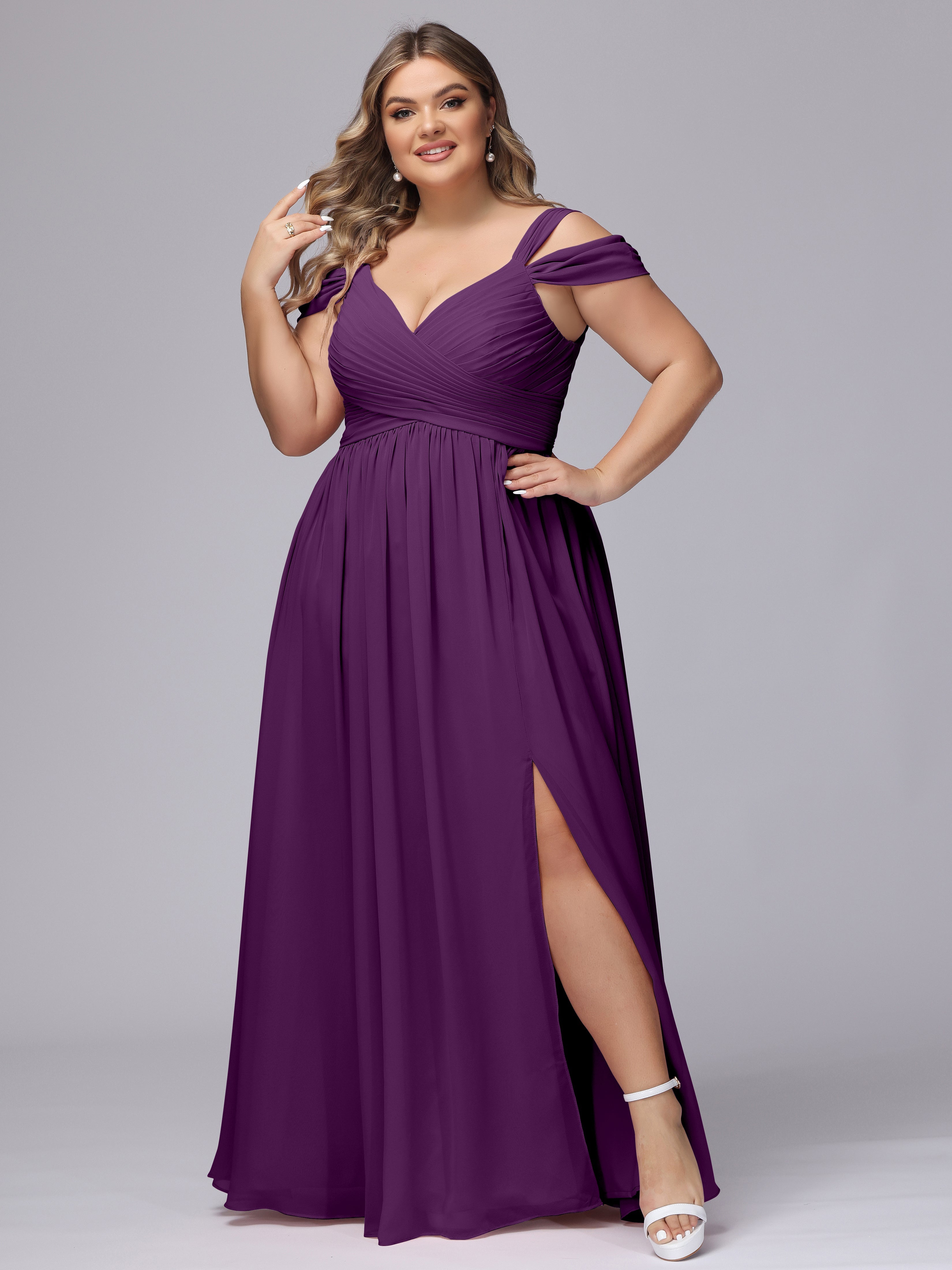 Robes De Demoiselle D'Honneur En Raisin Fendue Col V Dos En V Mousseline Robes Demoiselle D'Honneur Grande Taille