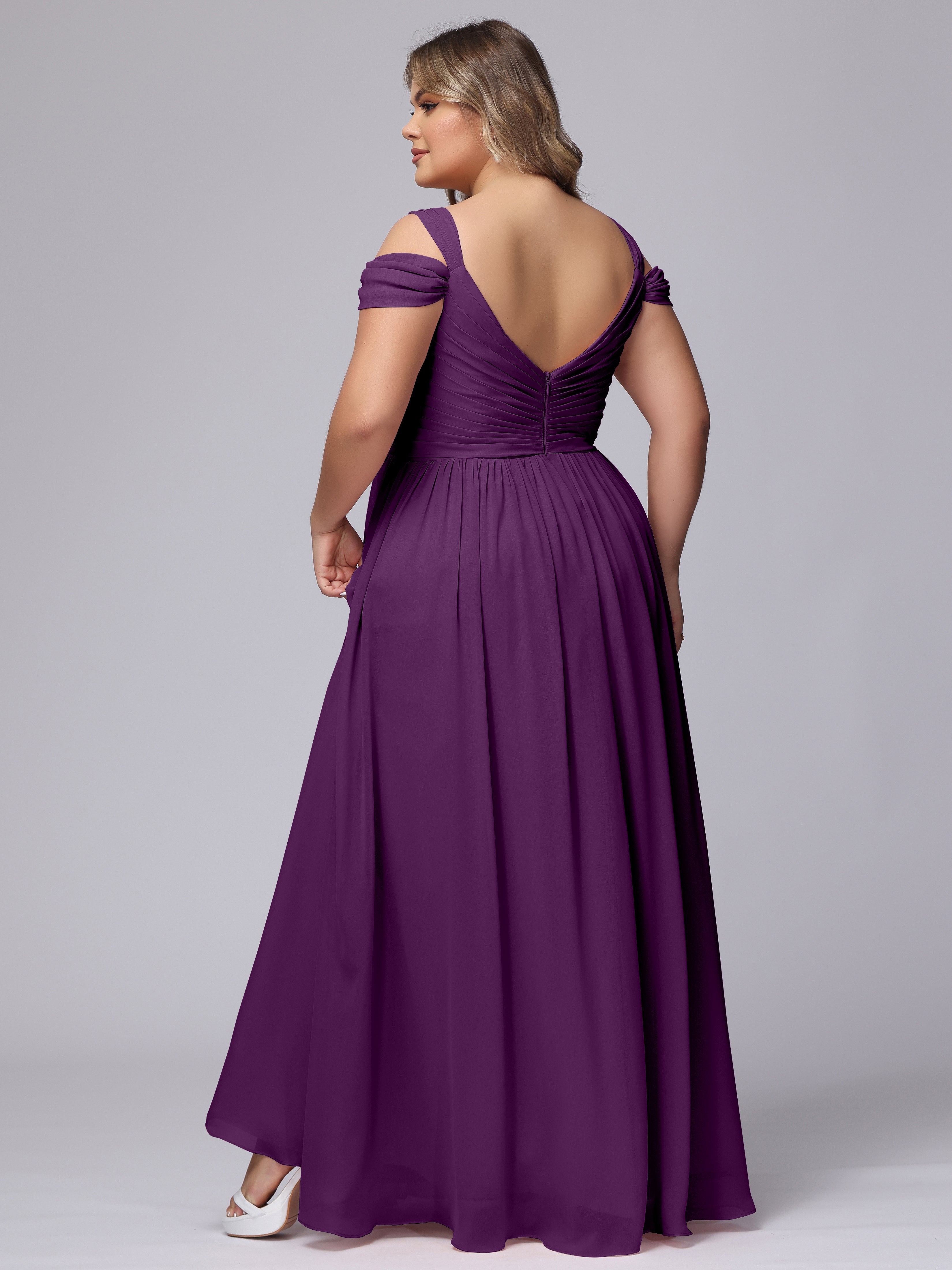 Robes De Demoiselle D'Honneur En Raisin Fendue Col V Dos En V Mousseline Robes Demoiselle D'Honneur Grande Taille