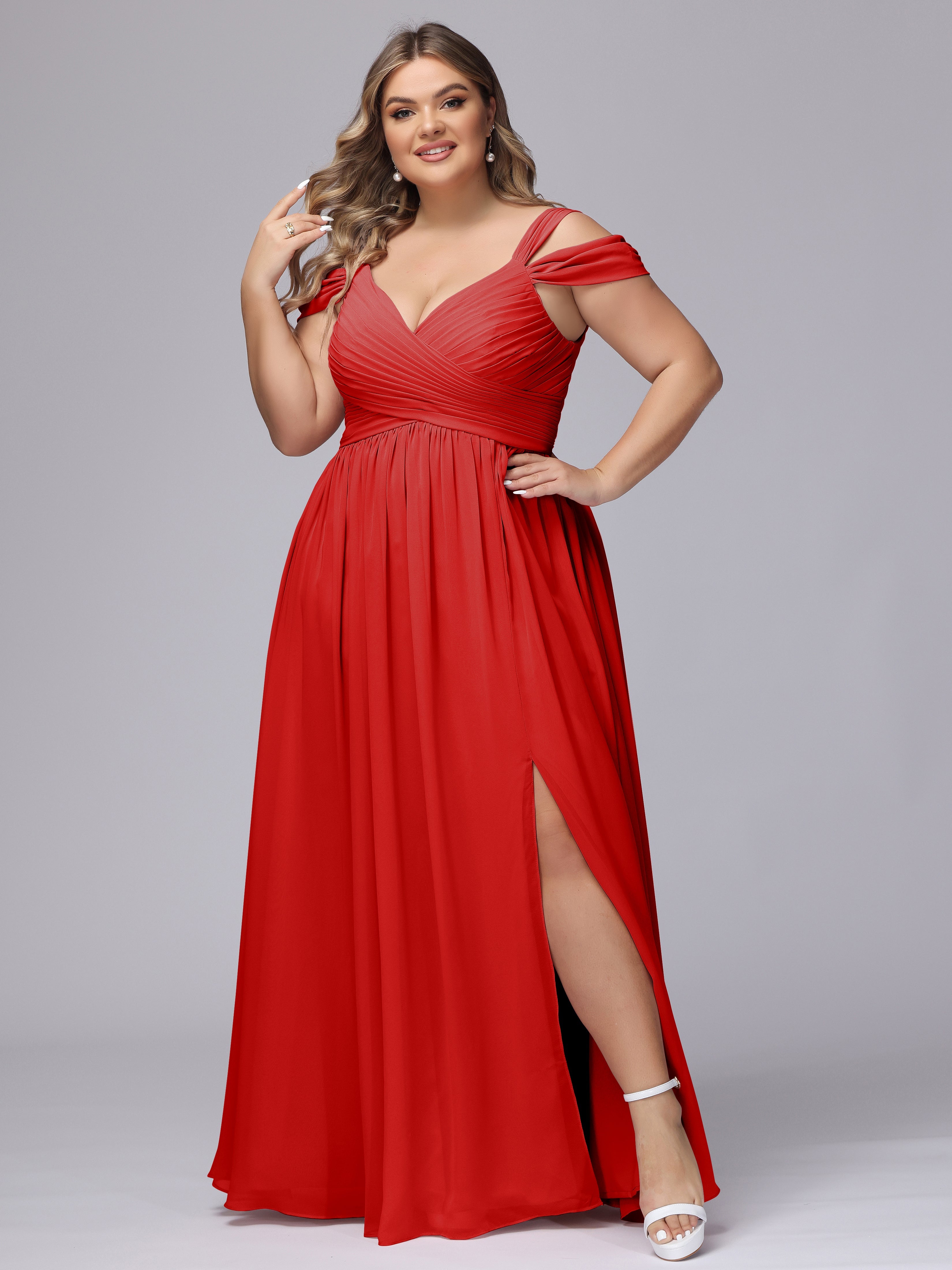 Demoiselle D Honneur Rouge Fendue Col V Dos En V Mousseline Robes Demoiselle D'Honneur Grande Taille