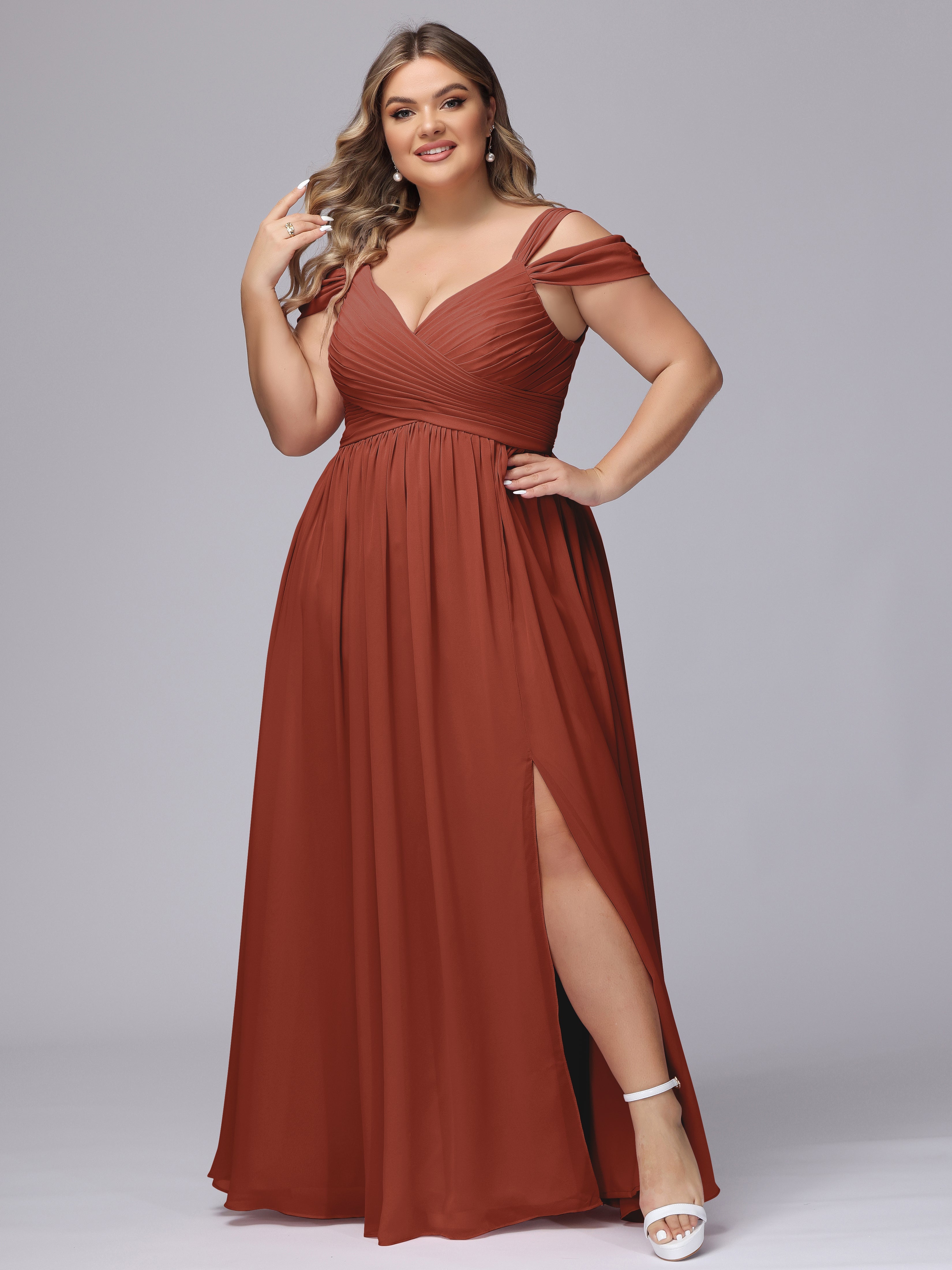 Rouille De Demoiselle D'Honneur Fendue Col V Dos En V Mousseline Robes Demoiselle D'Honneur Grande Taille