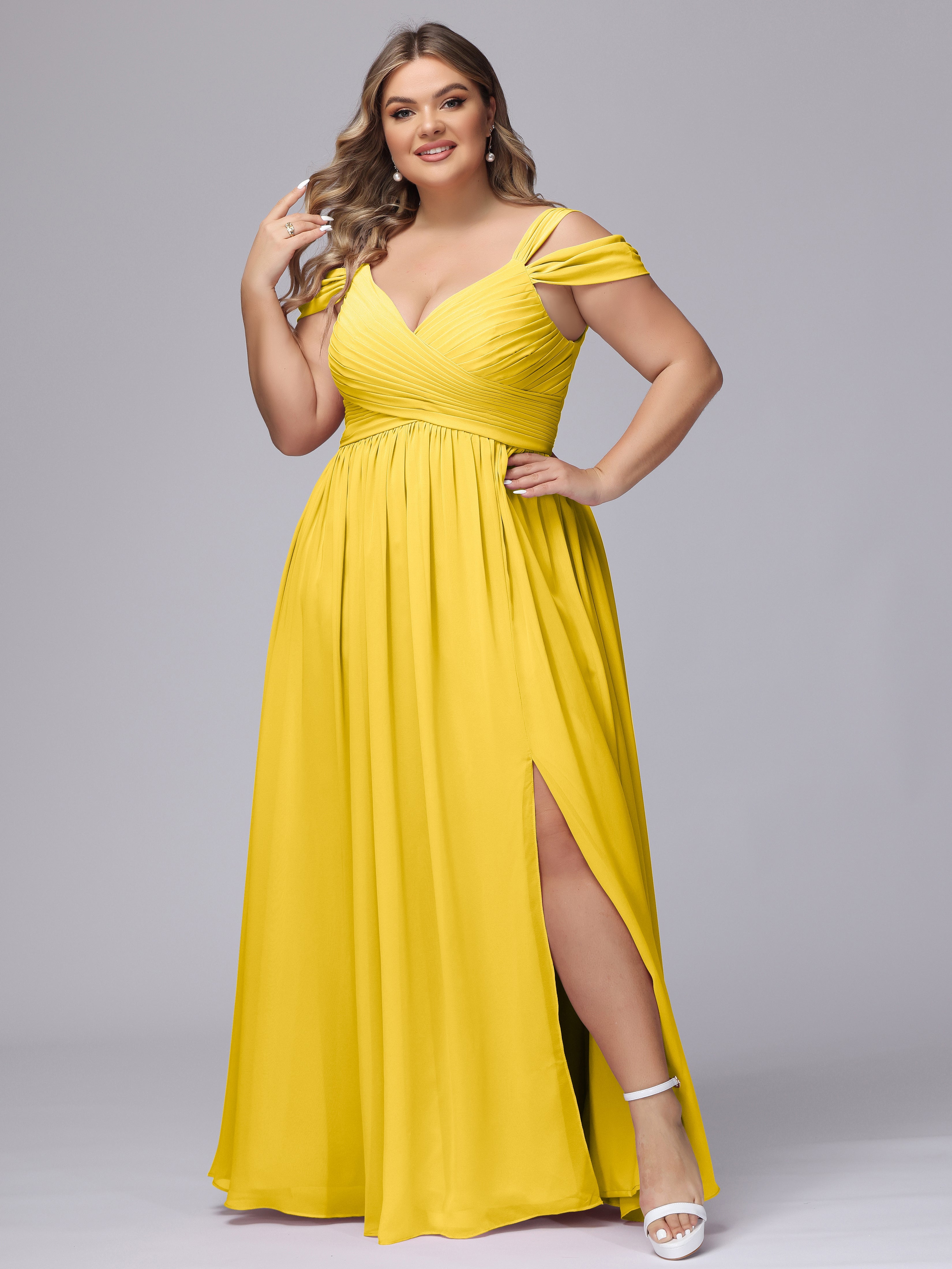 Robe De Demoiselle D'Honneur Souci Fendue Col V Dos En V Mousseline Robes Demoiselle D'Honneur Grande Taille