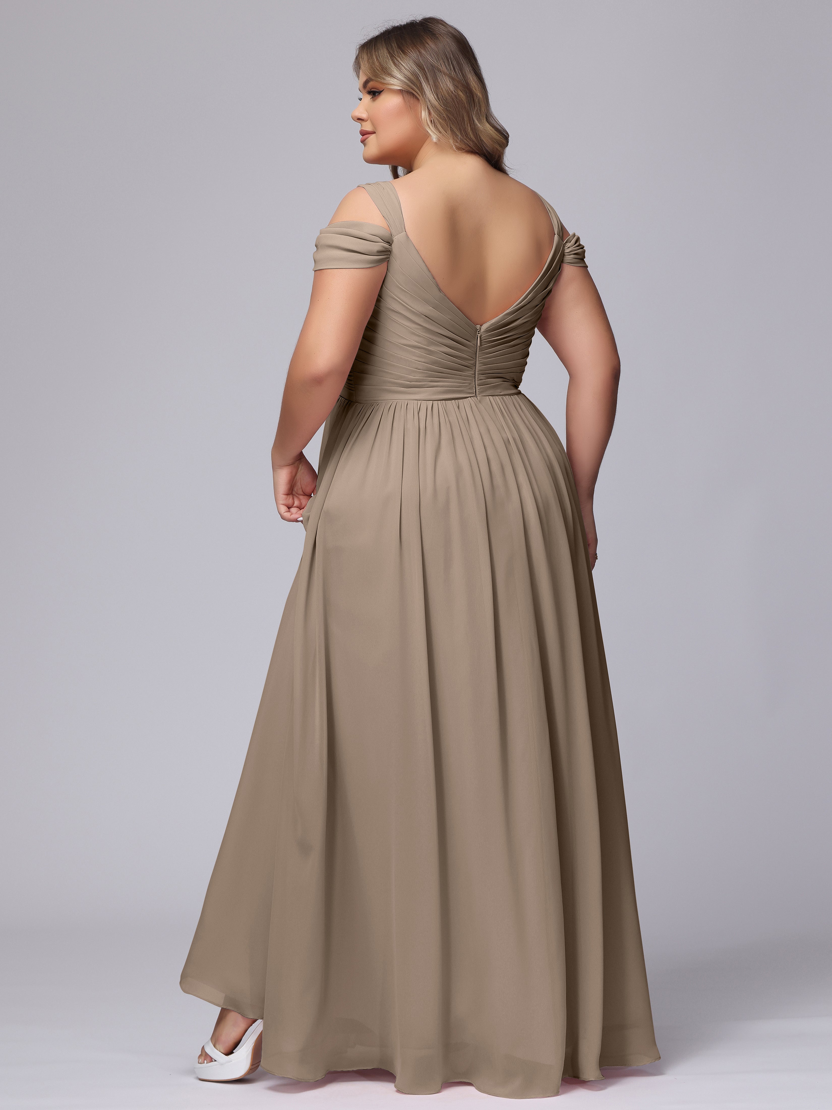 Couleur Taupe Robe Fendue Col V Dos En V Mousseline Robes Demoiselle D'Honneur Grande Taille