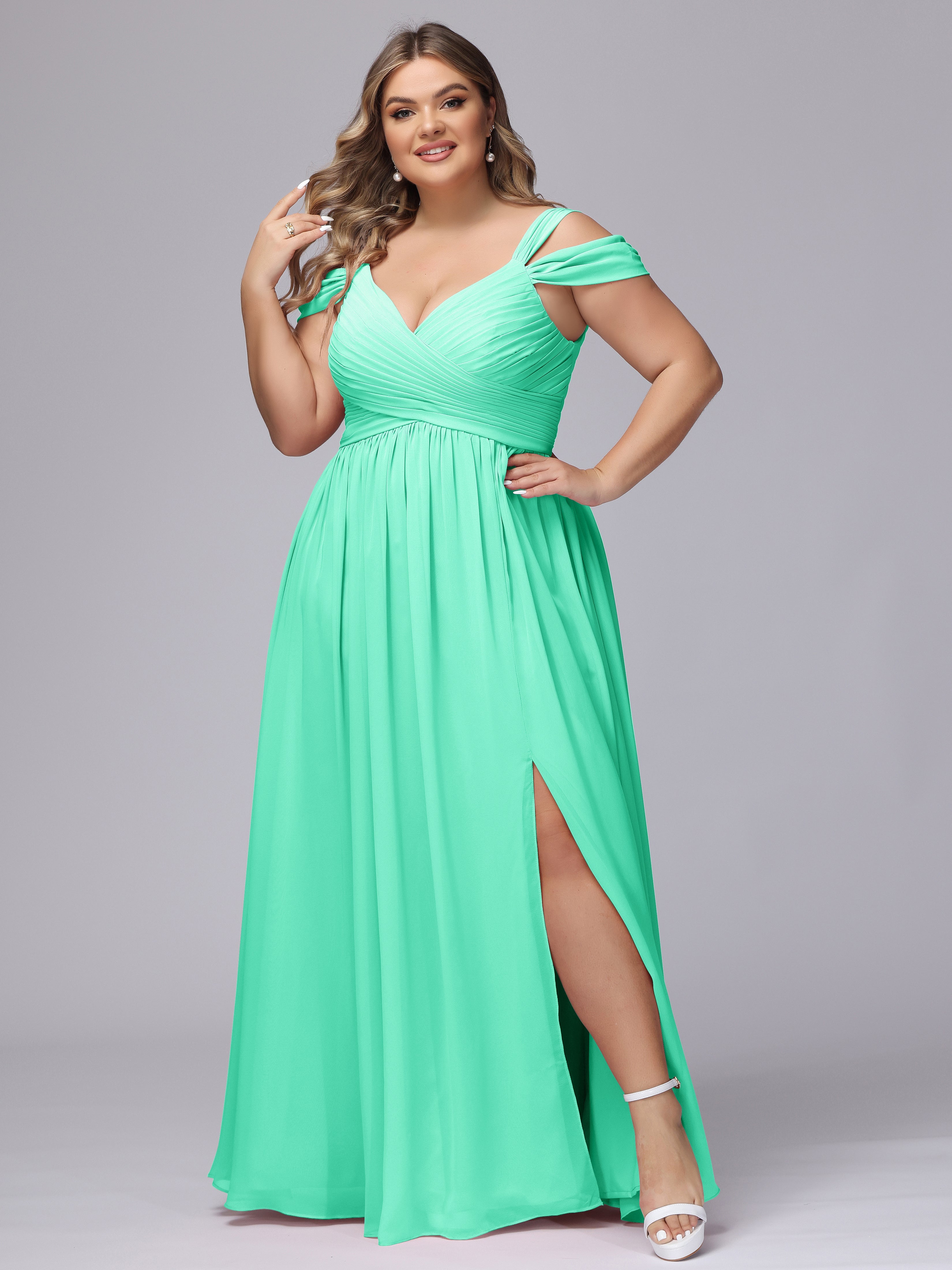 Robes De Demoiselle D'Honneur Turquoise Fendue Col V Dos En V Mousseline Robes Demoiselle D'Honneur Grande Taille