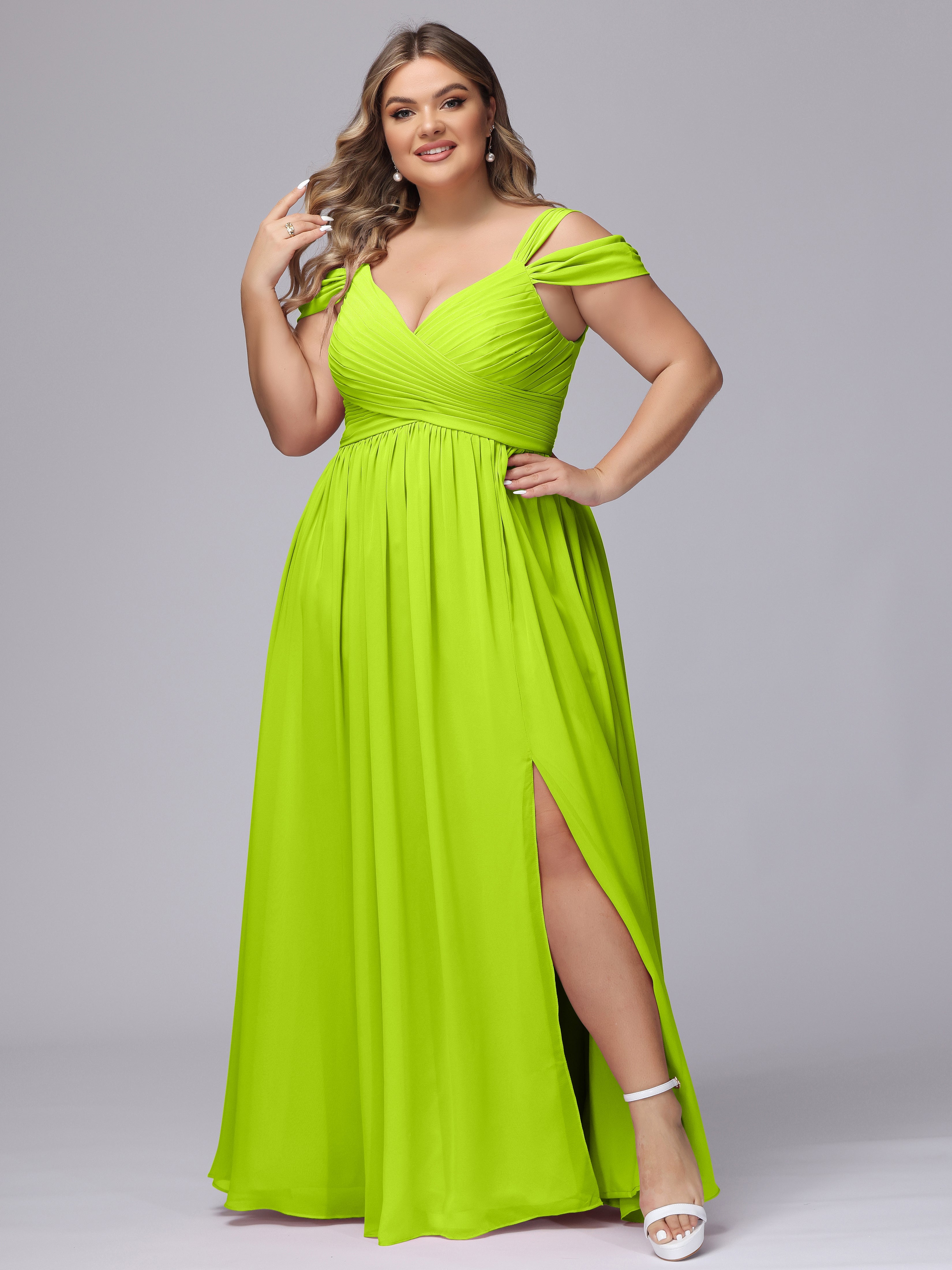 Robes De Demoiselle D'Honneur Vert Citron Fendue Col V Dos En V Mousseline Robes Demoiselle D'Honneur Grande Taille