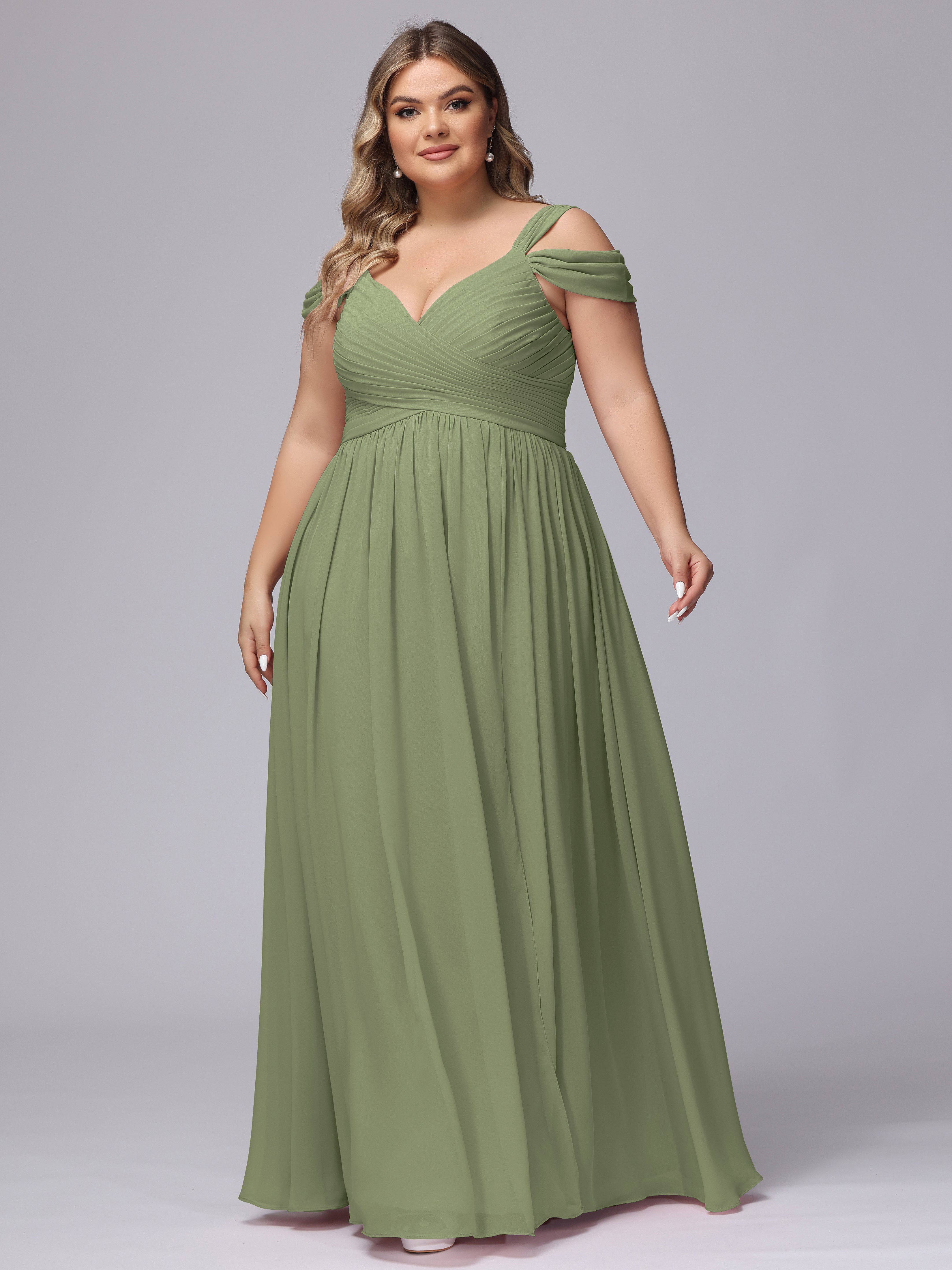 Robes De Demoiselle D'Honneur Olive Fendue Col V Dos En V Mousseline Robes Demoiselle D'Honneur Grande Taille