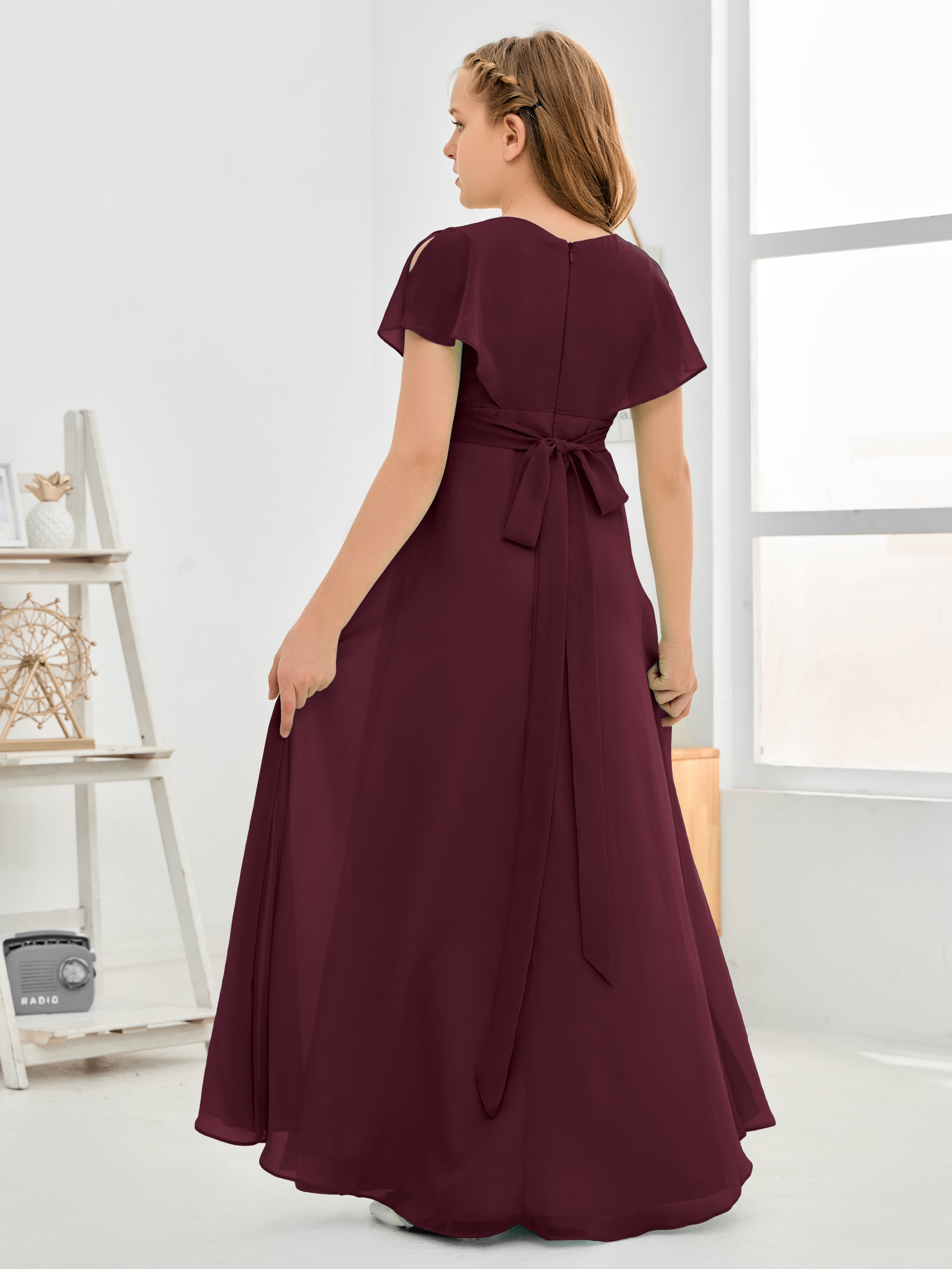 Col en V à taille haute Simple Mousseline Robe de demoiselle d'honneur Junior