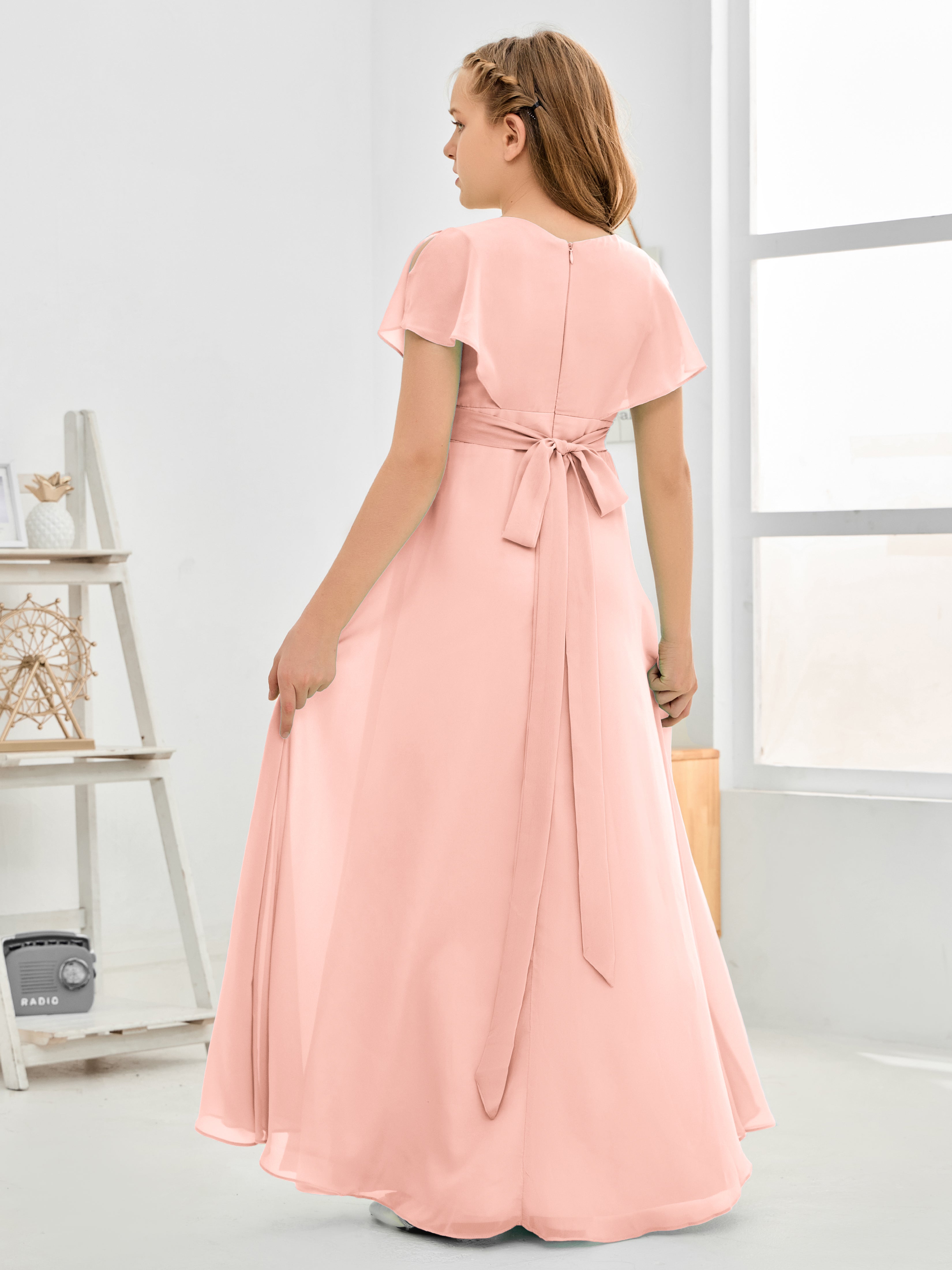 Col en V à taille haute Simple Mousseline Robe de demoiselle d'honneur Junior