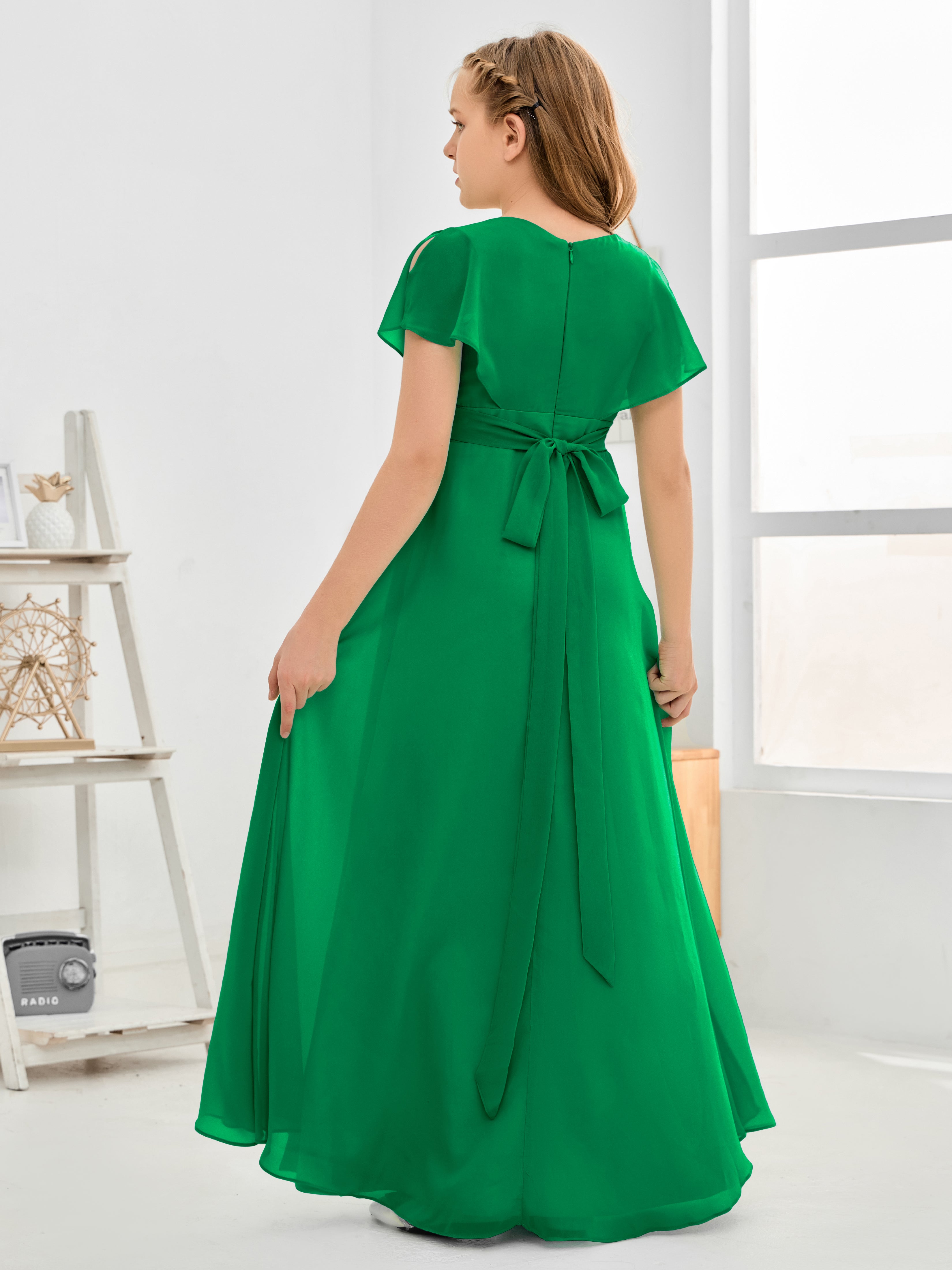 Col en V à taille haute Simple Mousseline Robe de demoiselle d'honneur Junior