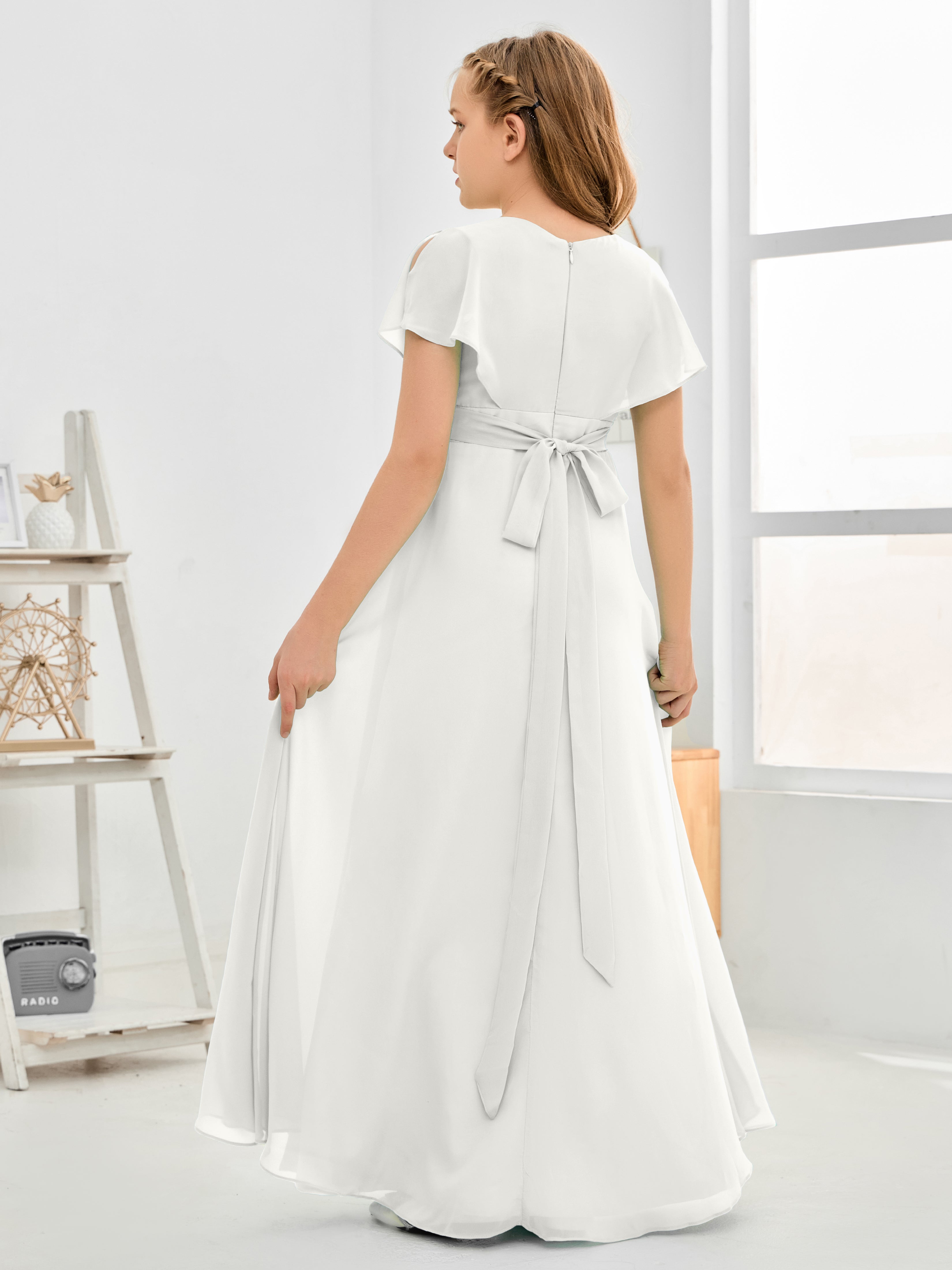 Col en V à taille haute Simple Mousseline Robe de demoiselle d'honneur Junior