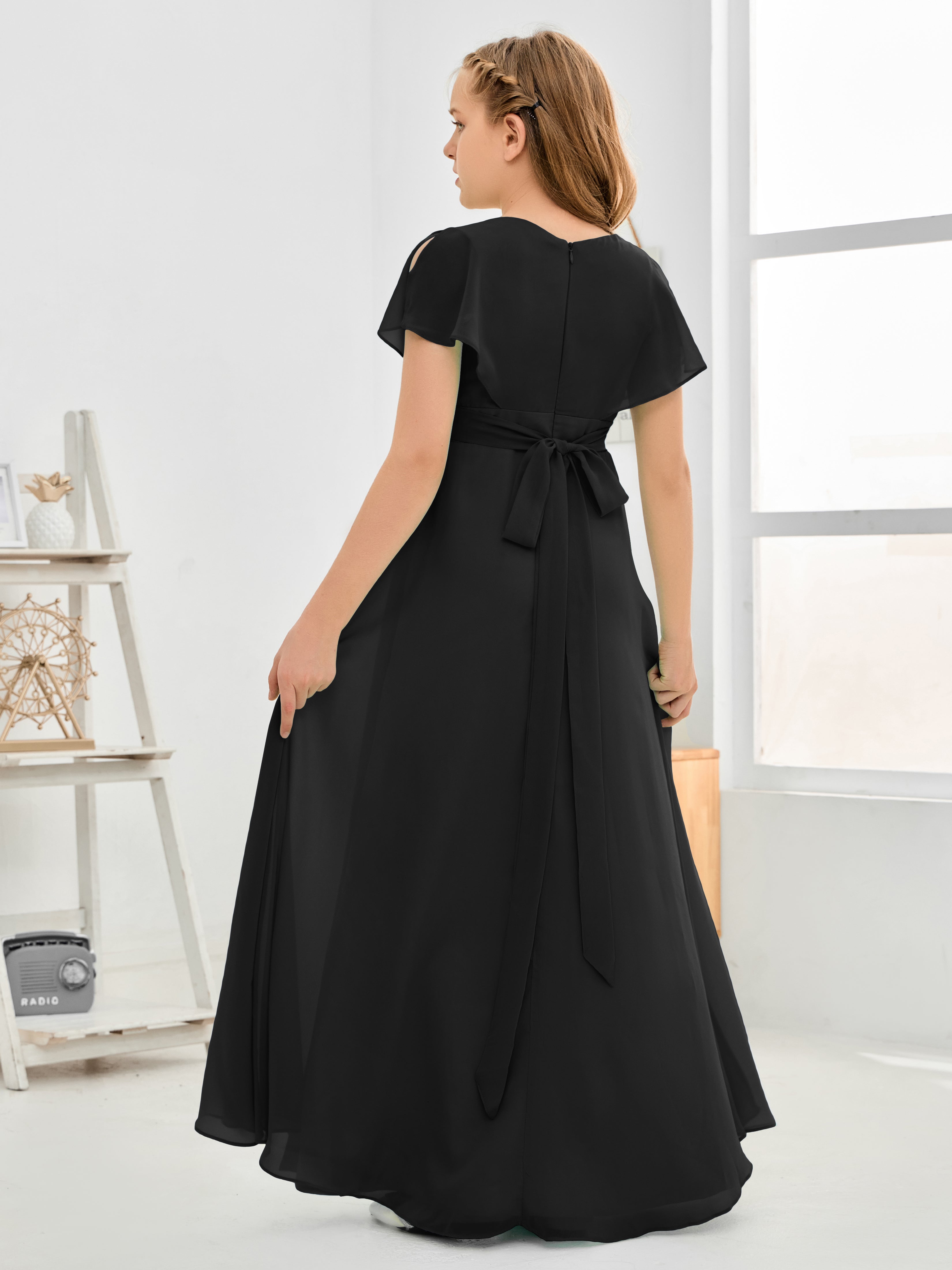 Col en V à taille haute Simple Mousseline Robe de demoiselle d'honneur Junior