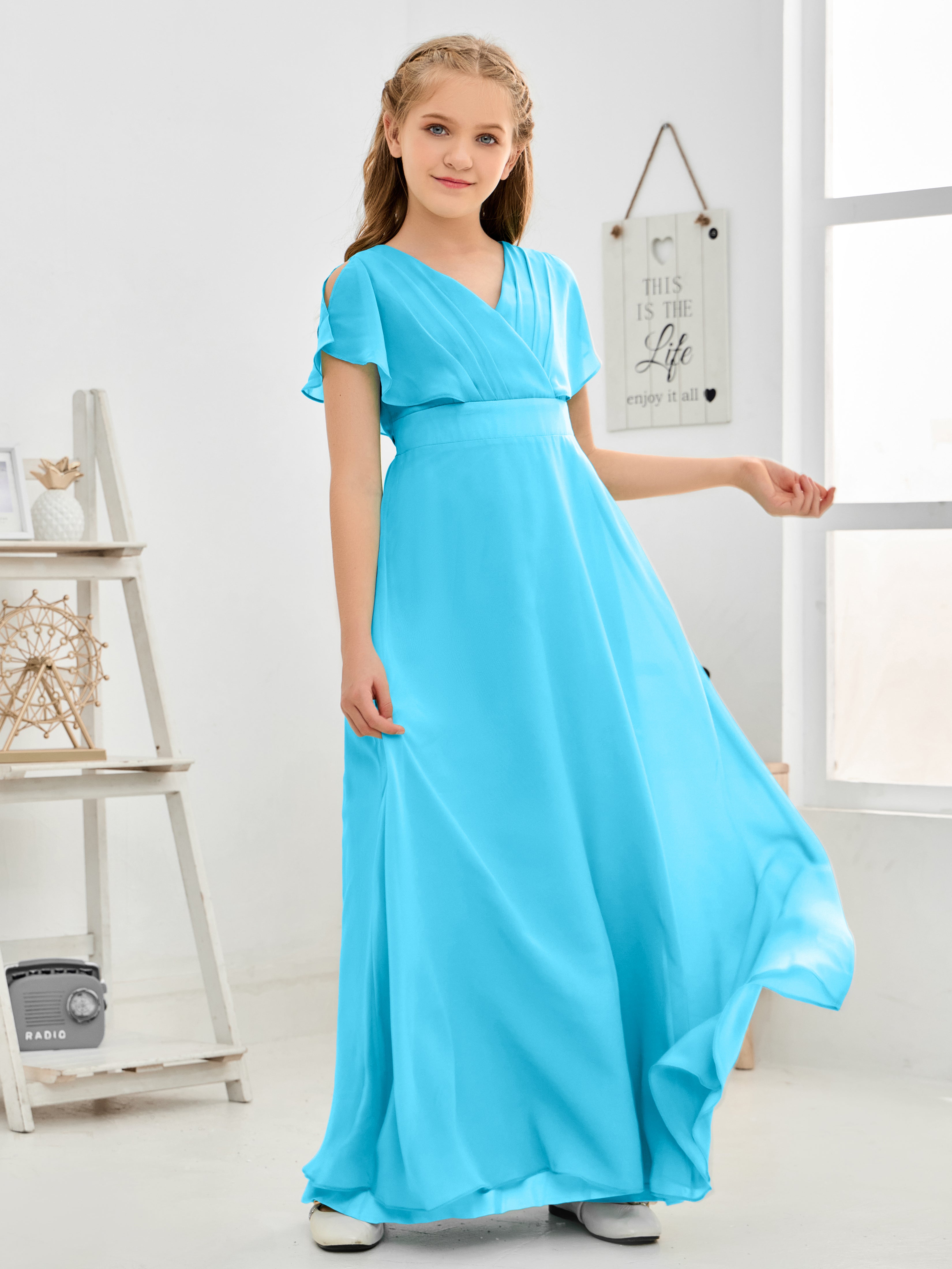 Col en V à taille haute Simple Mousseline Robe de demoiselle d'honneur Junior