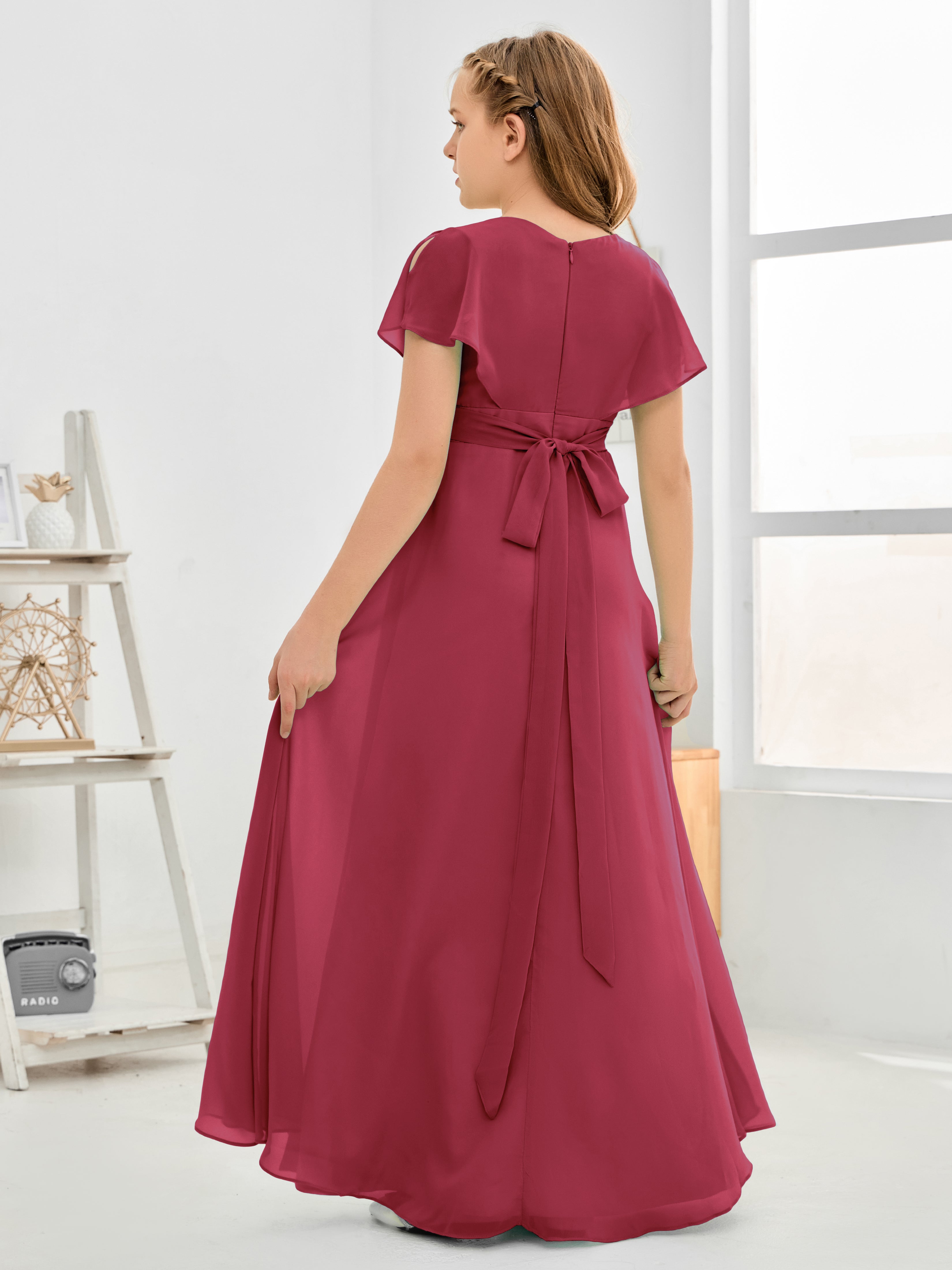 Col en V à taille haute Simple Mousseline Robe de demoiselle d'honneur Junior