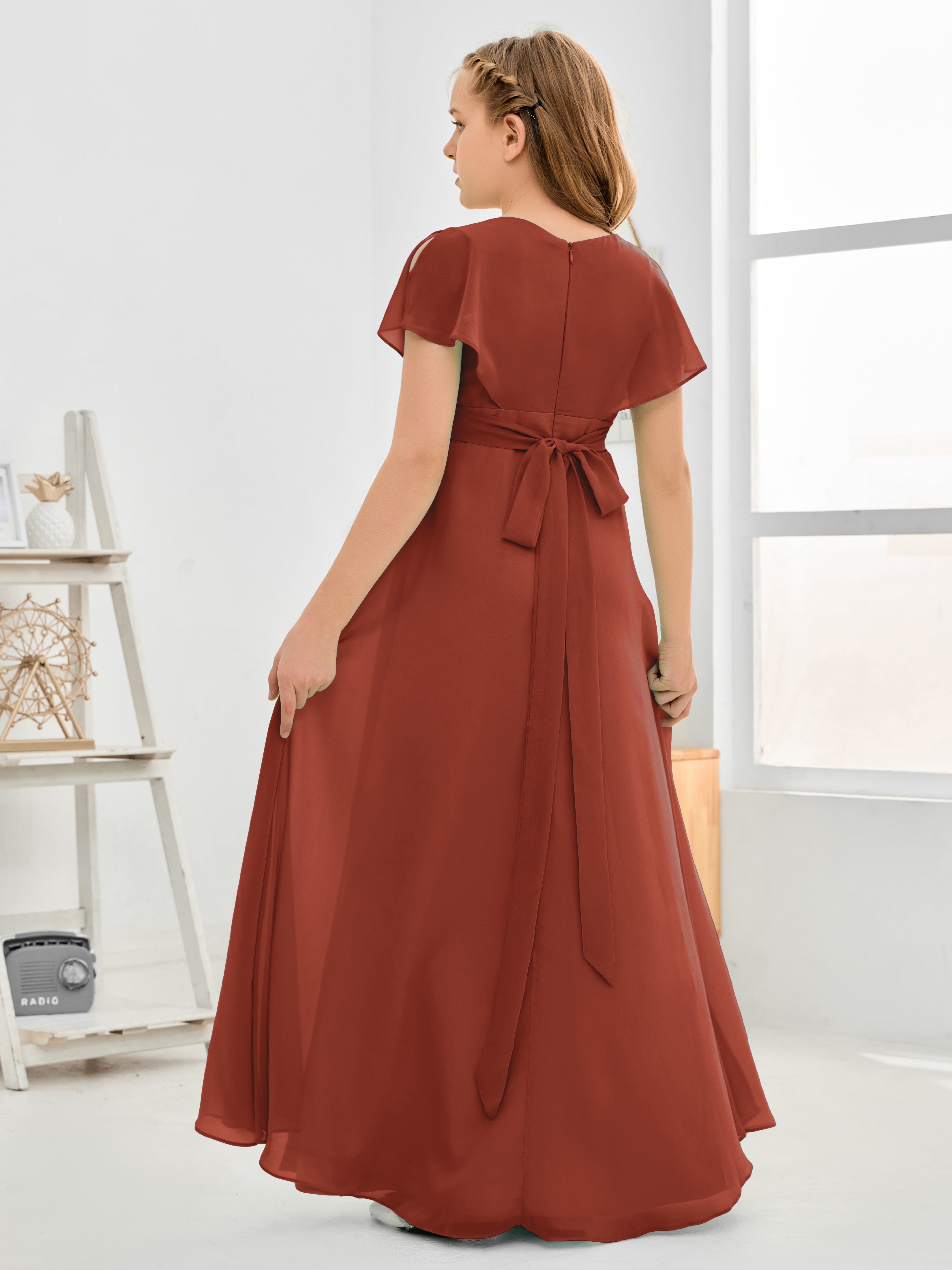 Col en V à taille haute Simple Mousseline Robe de demoiselle d'honneur Junior