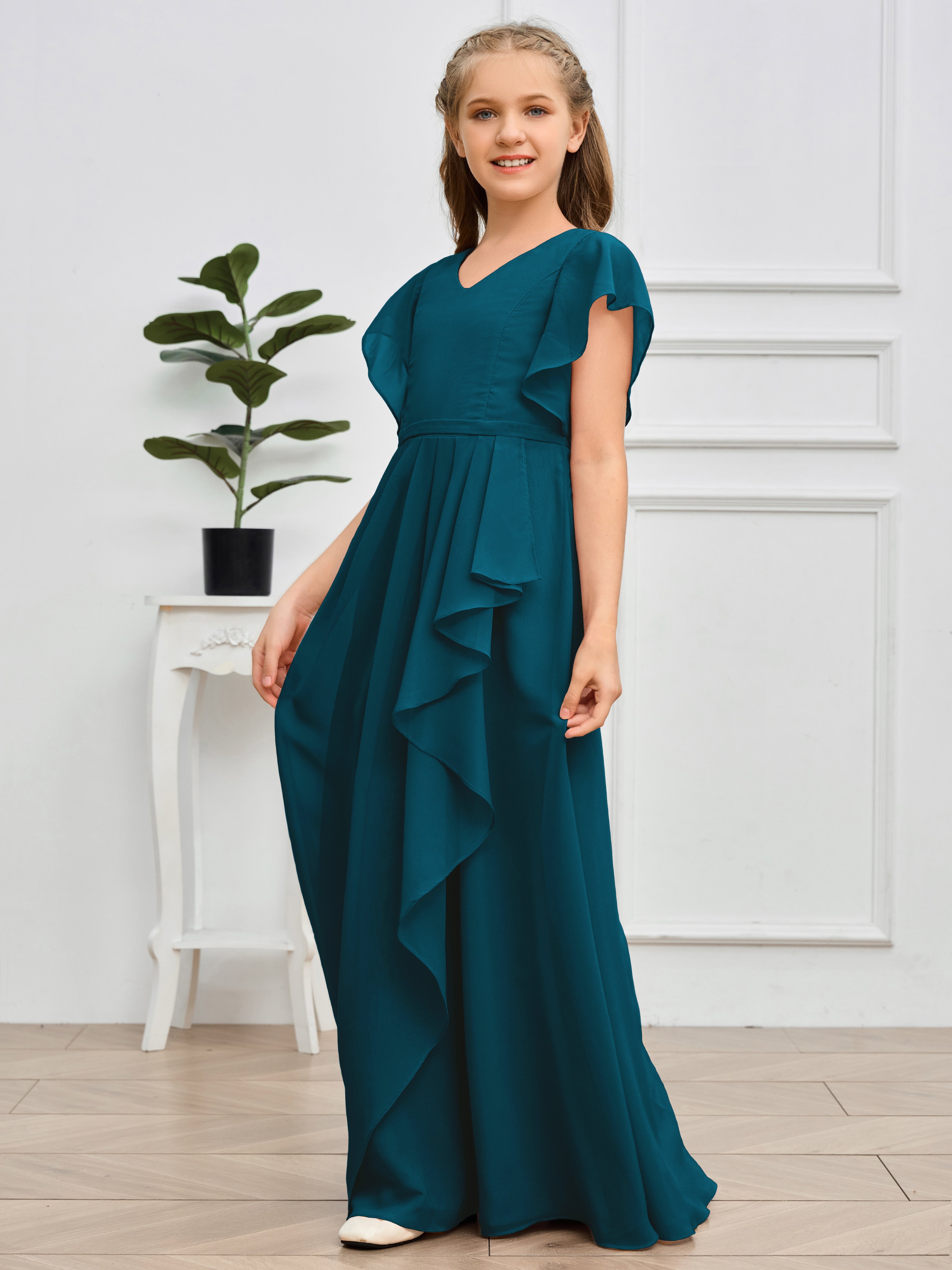 Col en V et manches volantées Mousseline Robe de demoiselle d'honneur Junior