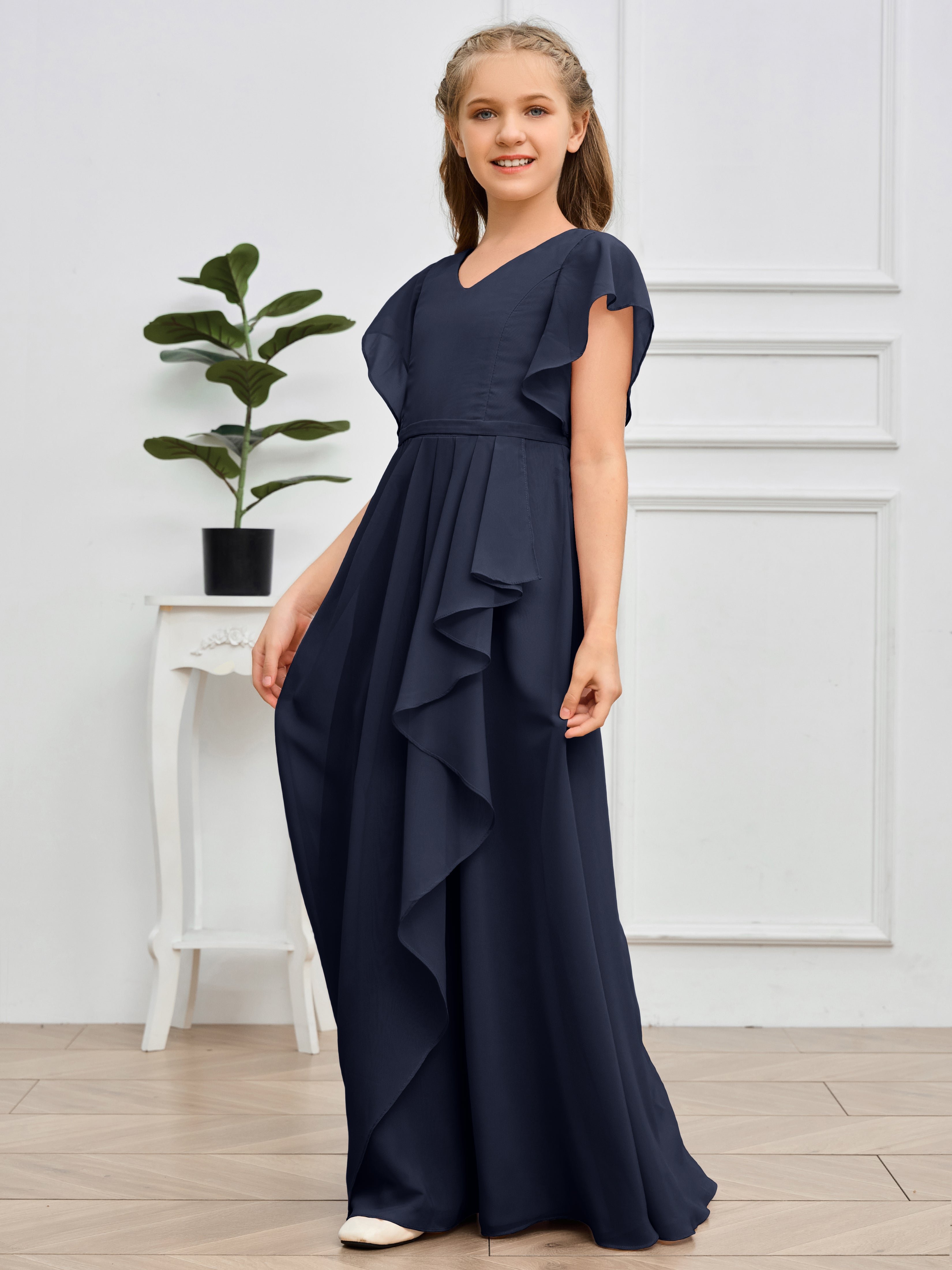 Col en V et manches volantées Mousseline Robe de demoiselle d'honneur Junior