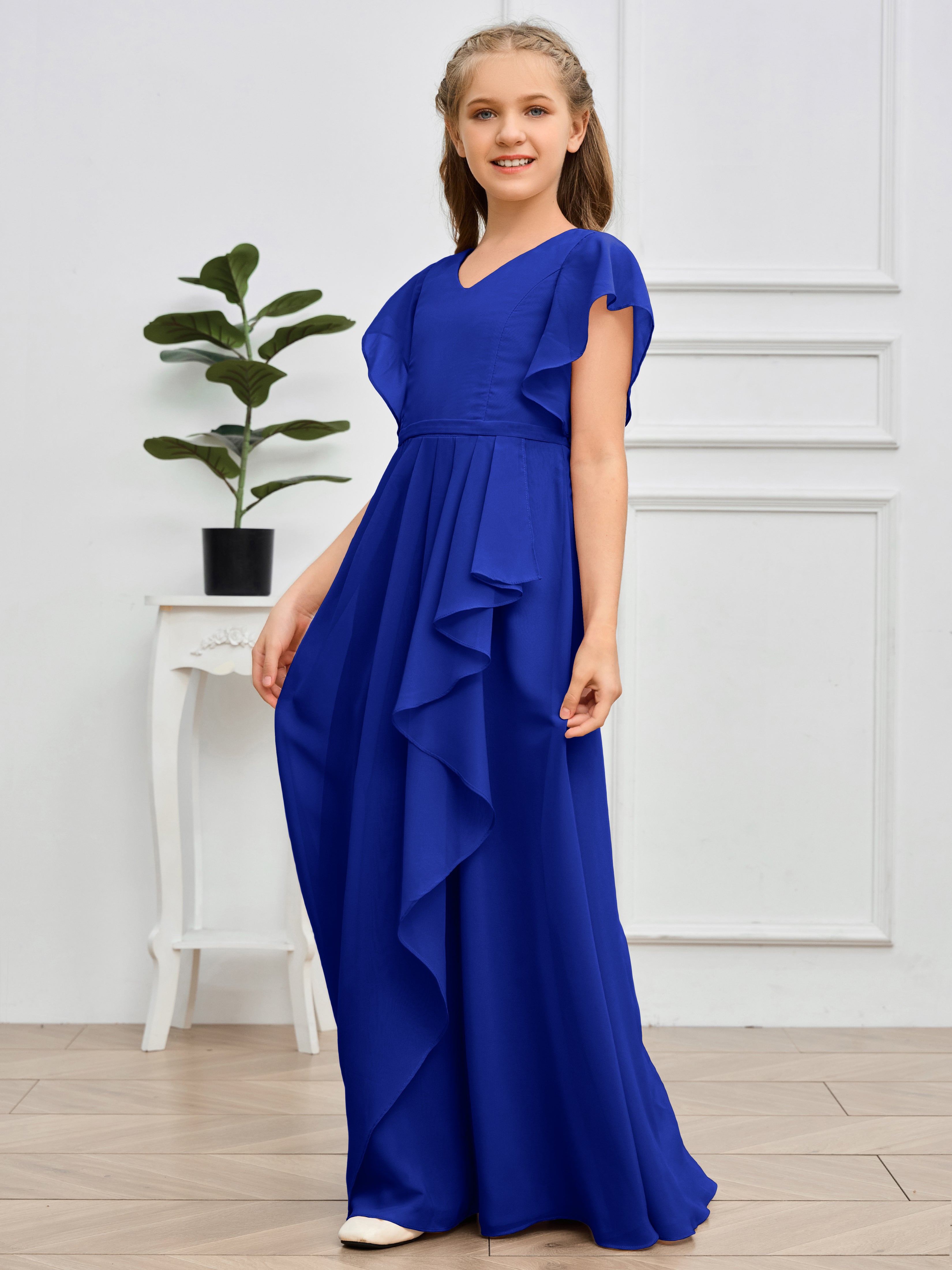 Col en V et manches volantées Mousseline Robe de demoiselle d'honneur Junior