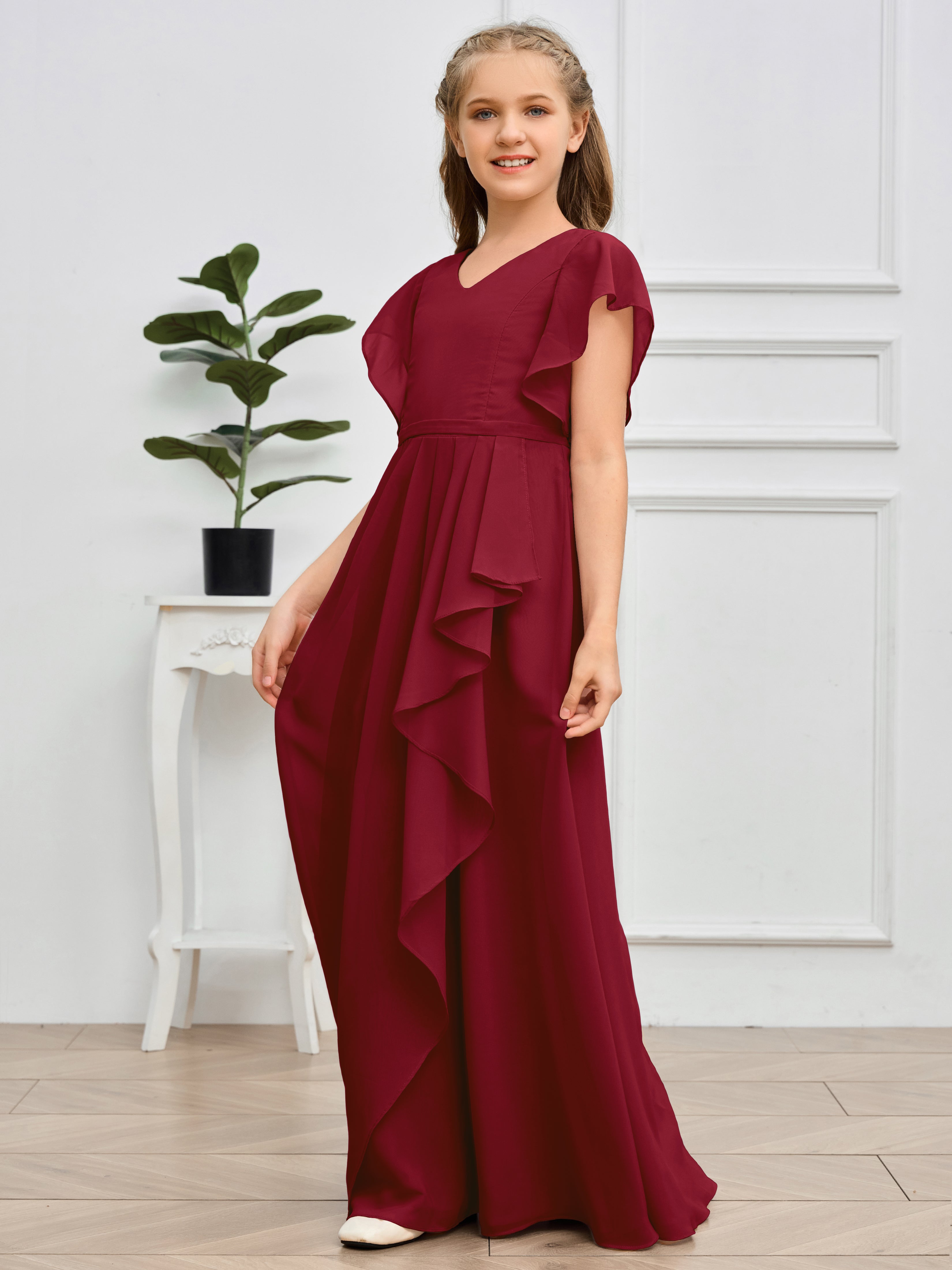 Col en V et manches volantées Mousseline Robe de demoiselle d'honneur Junior