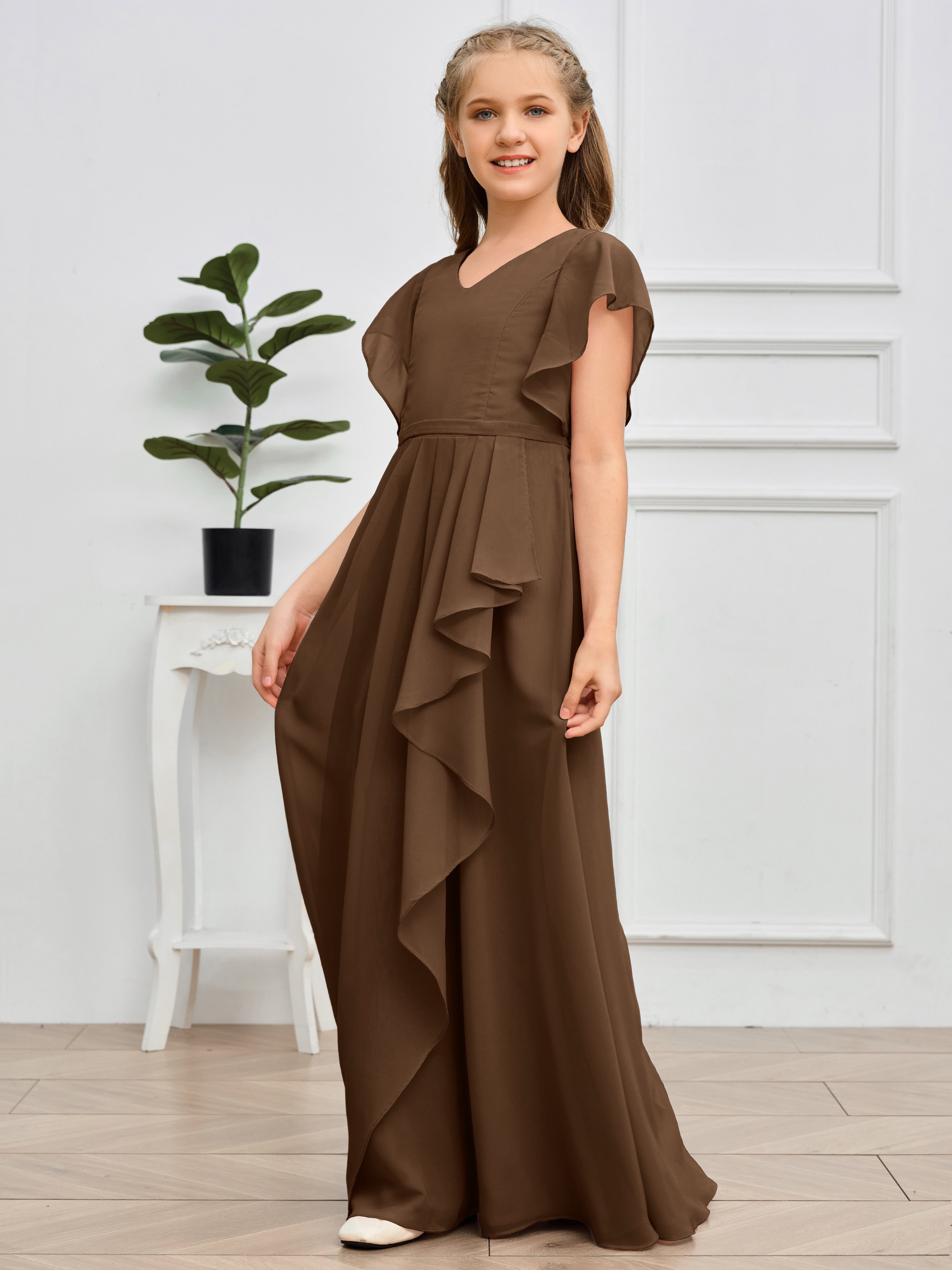 Col en V et manches volantées Mousseline Robe de demoiselle d'honneur Junior