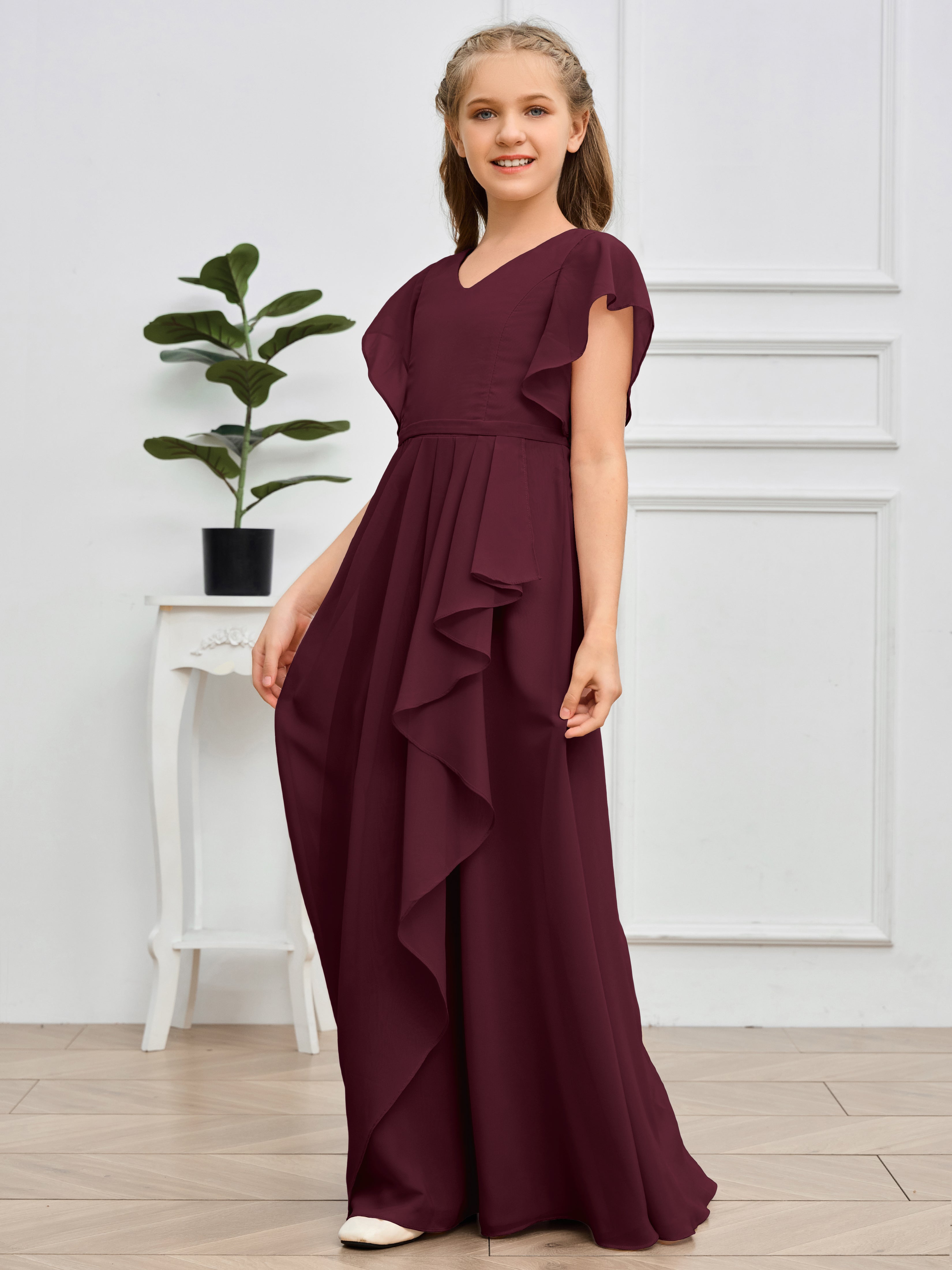 Col en V et manches volantées Mousseline Robe de demoiselle d'honneur Junior