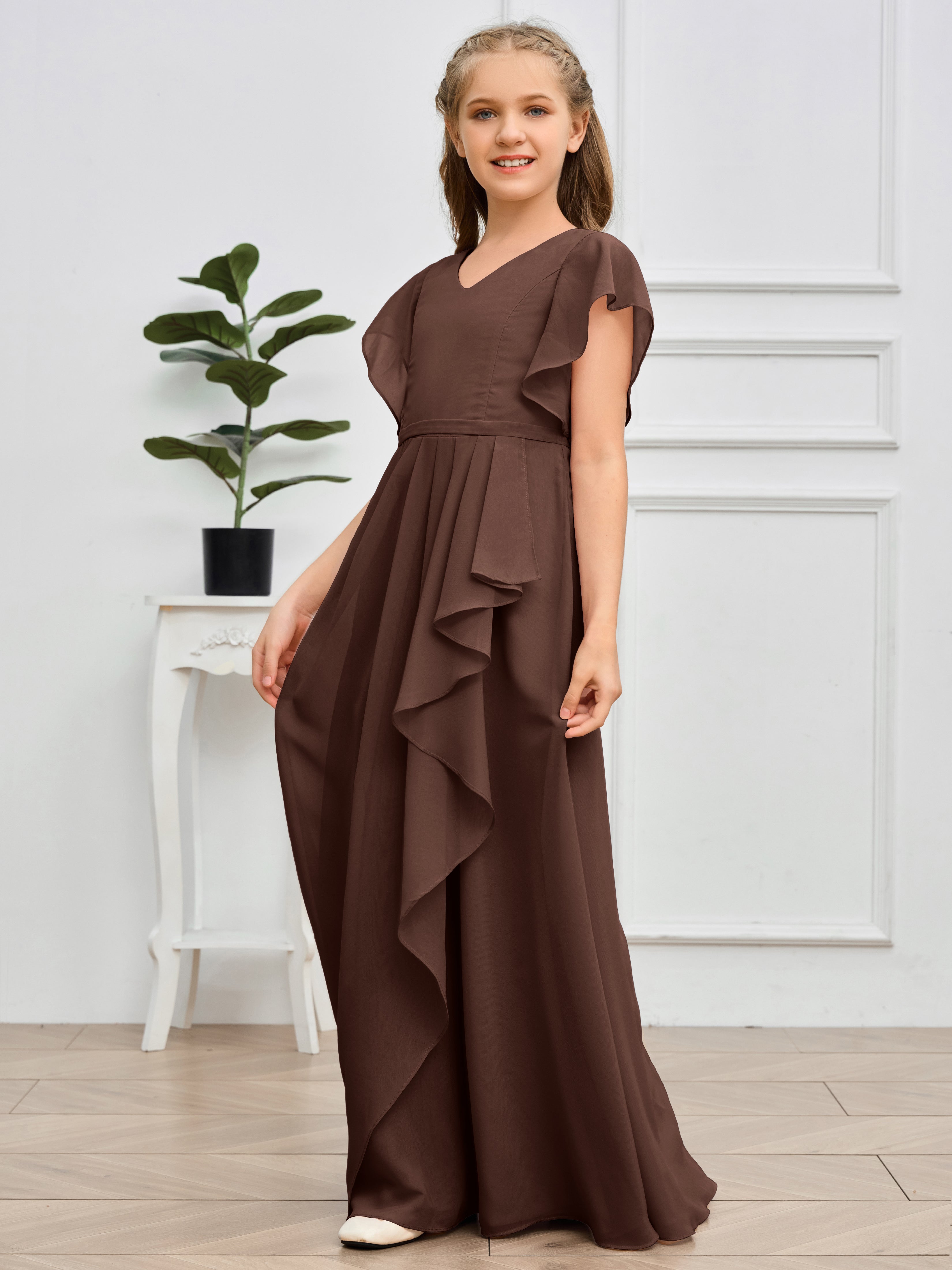 Col en V et manches volantées Mousseline Robe de demoiselle d'honneur Junior