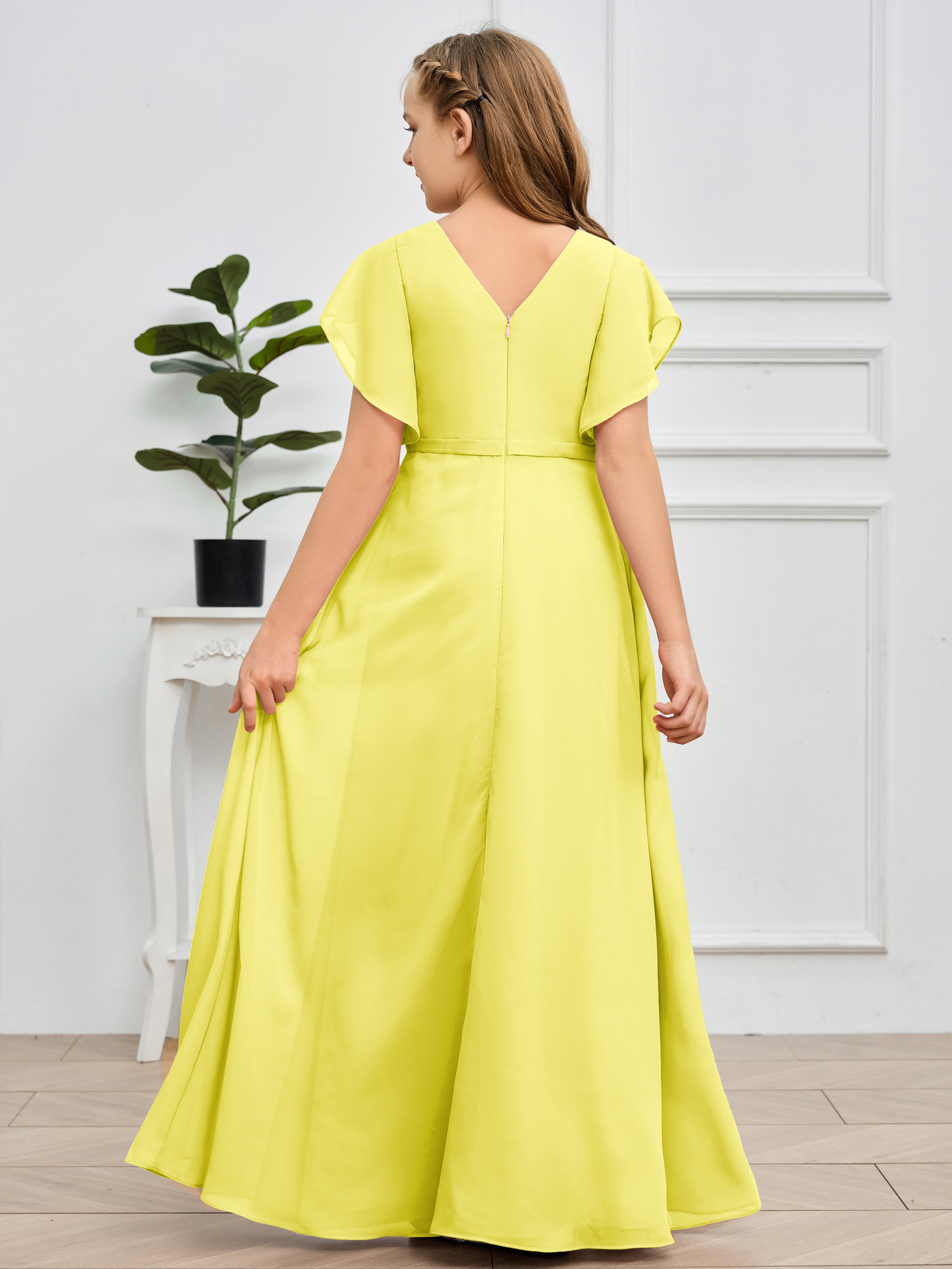 Col en V et manches volantées Mousseline Robe de demoiselle d'honneur Junior