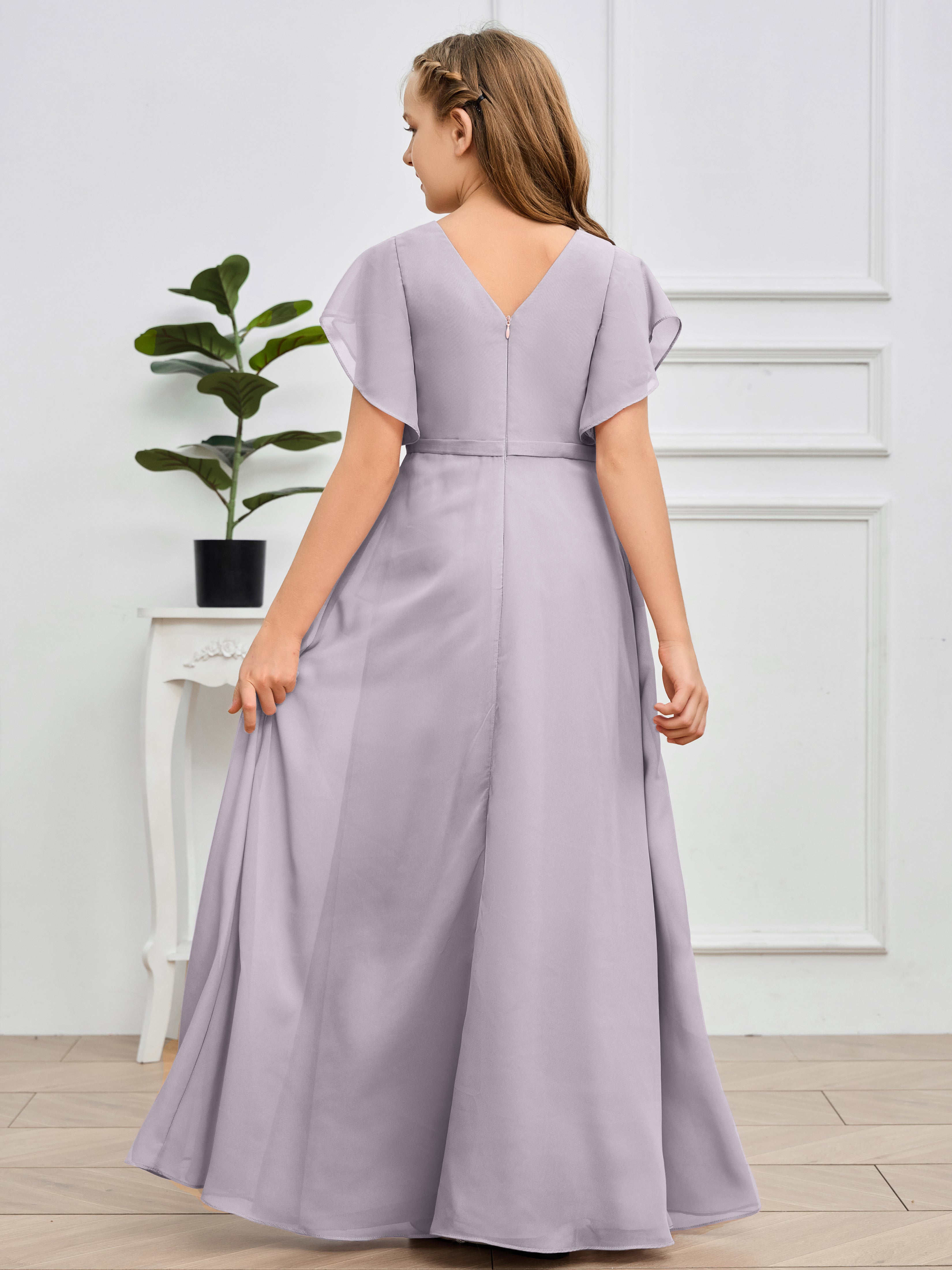 Col en V et manches volantées Mousseline Robe de demoiselle d'honneur Junior