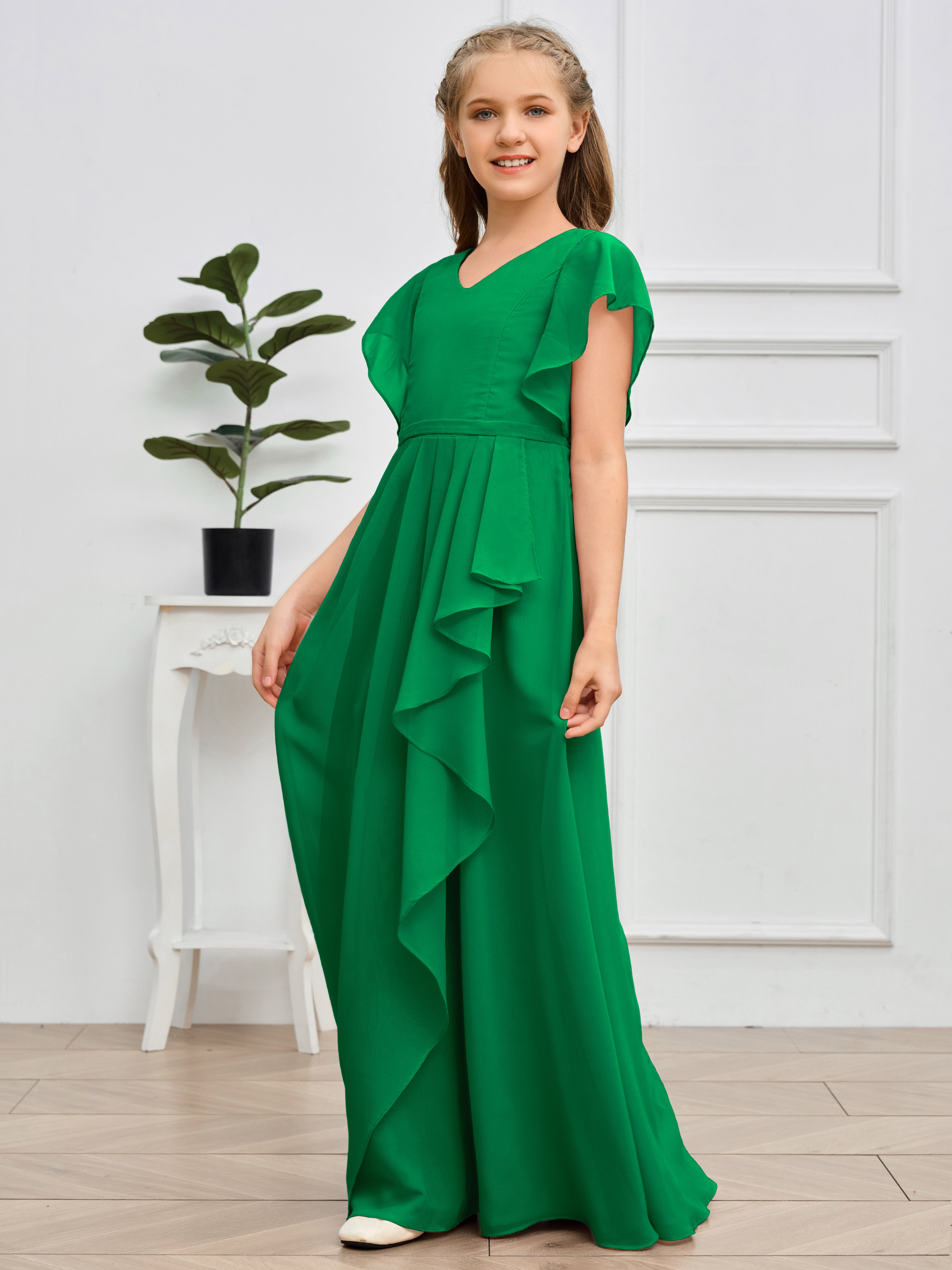 Col en V et manches volantées Mousseline Robe de demoiselle d'honneur Junior