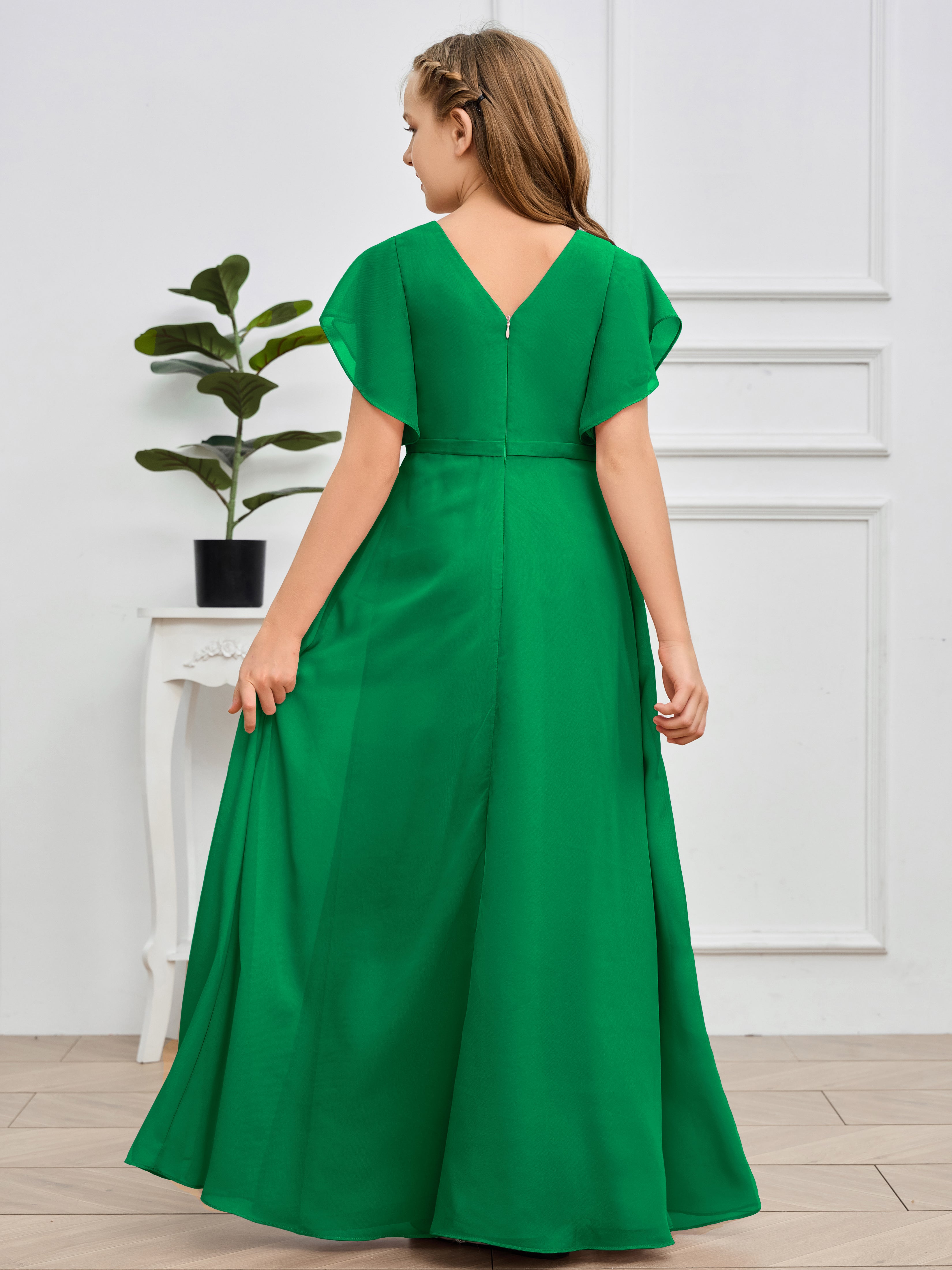 Col en V et manches volantées Mousseline Robe de demoiselle d'honneur Junior