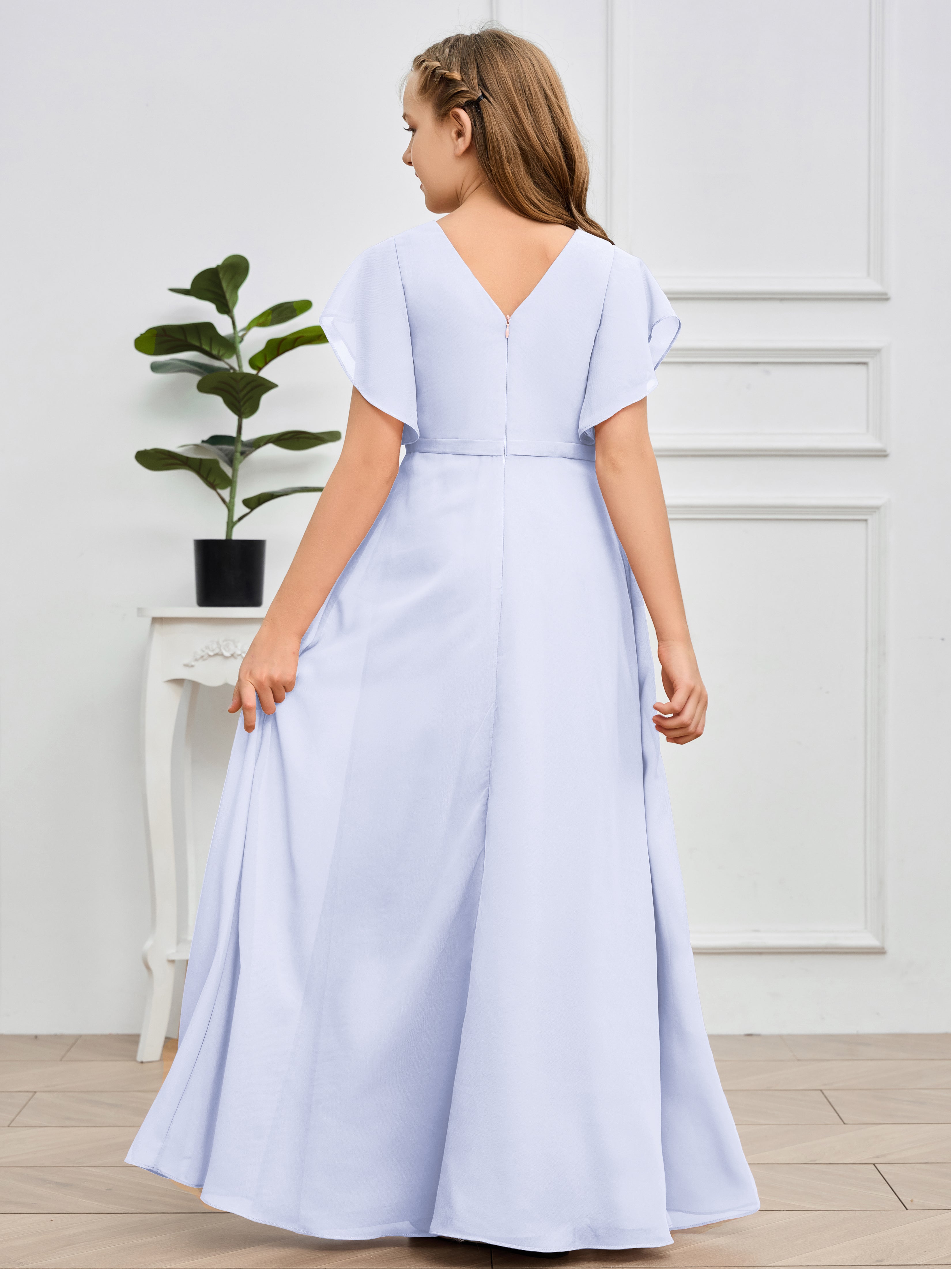 Col en V et manches volantées Mousseline Robe de demoiselle d'honneur Junior