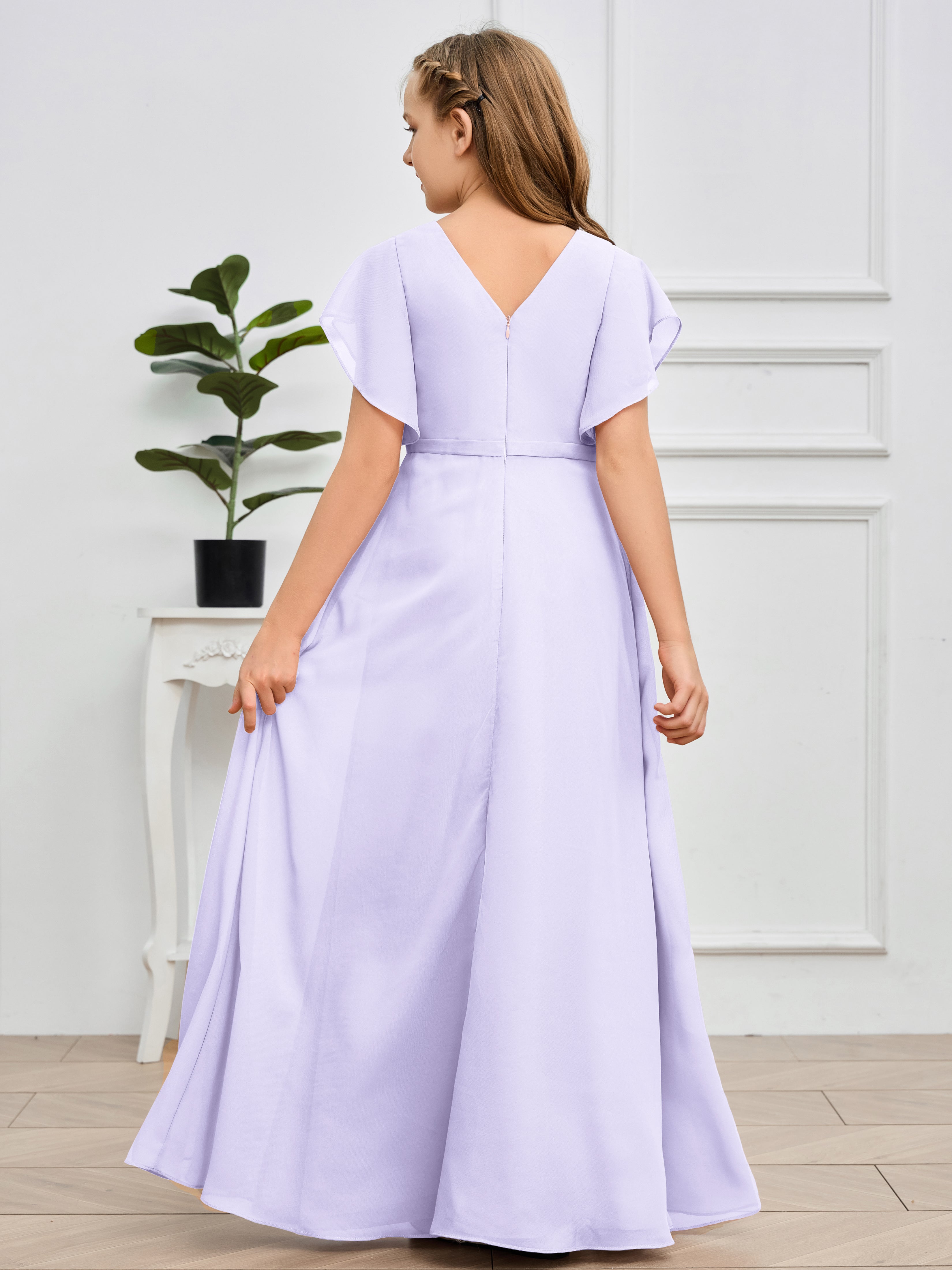 Col en V et manches volantées Mousseline Robe de demoiselle d'honneur Junior