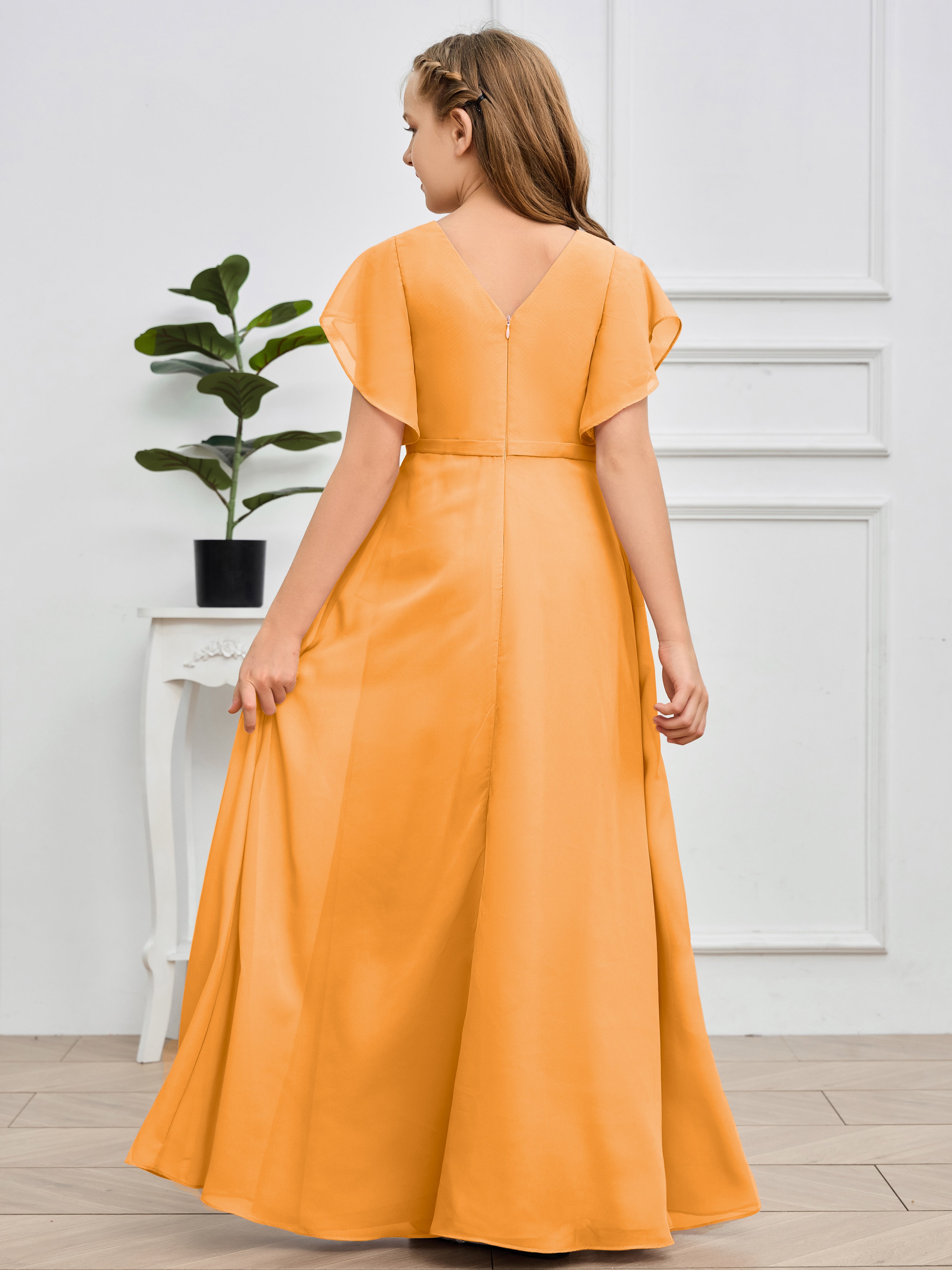 Col en V et manches volantées Mousseline Robe de demoiselle d'honneur Junior