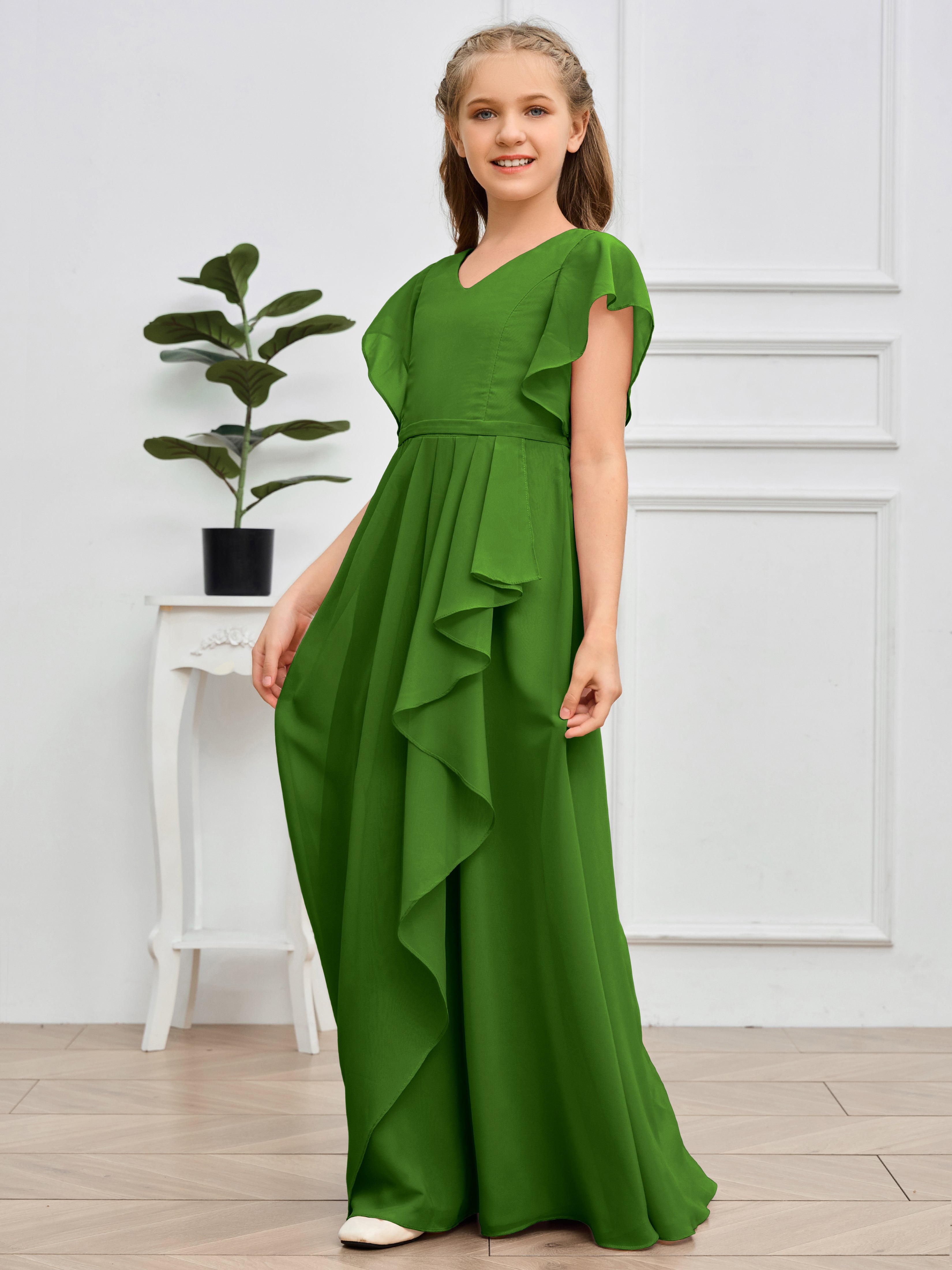 Col en V et manches volantées Mousseline Robe de demoiselle d'honneur Junior