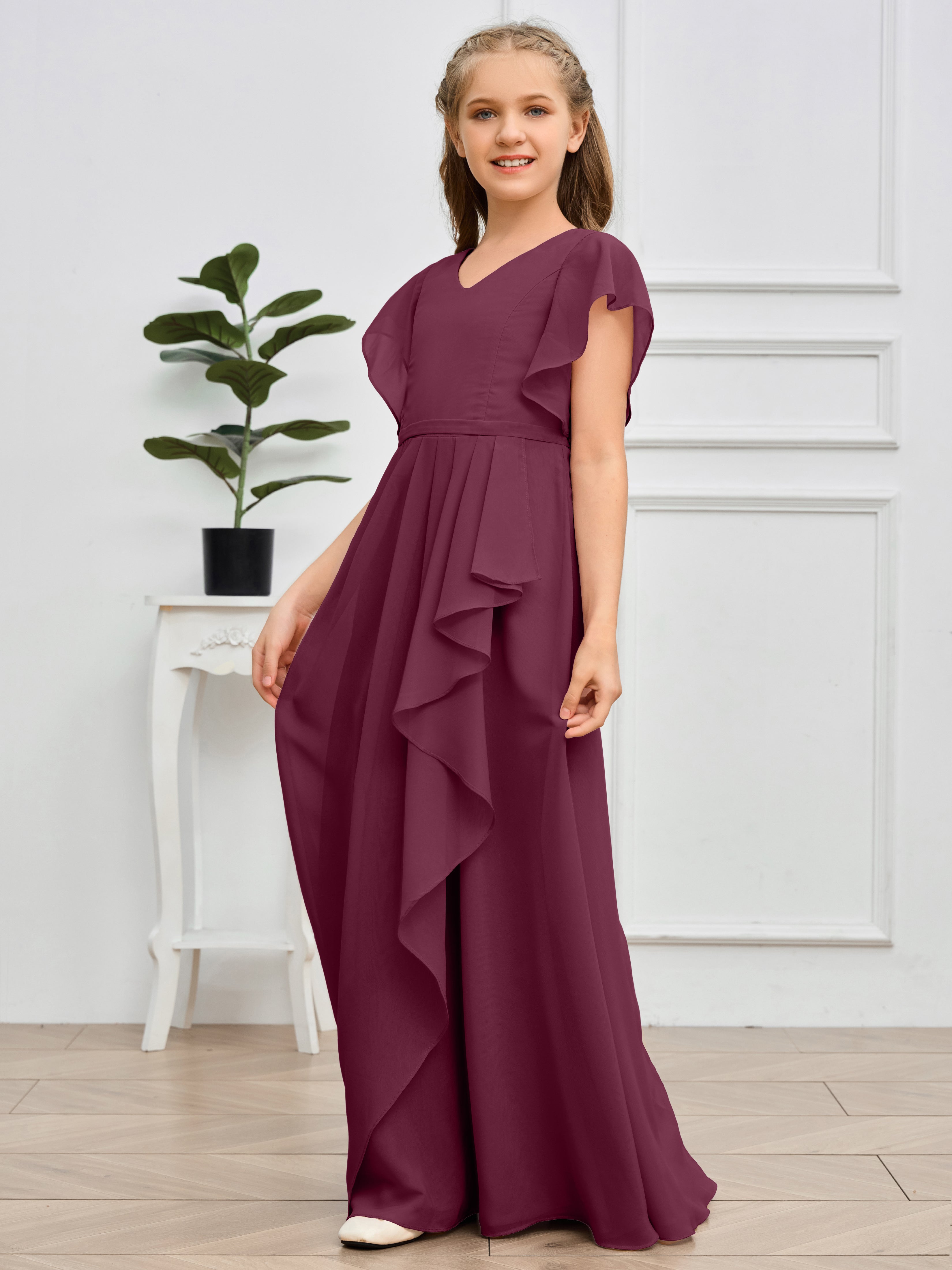 Col en V et manches volantées Mousseline Robe de demoiselle d'honneur Junior